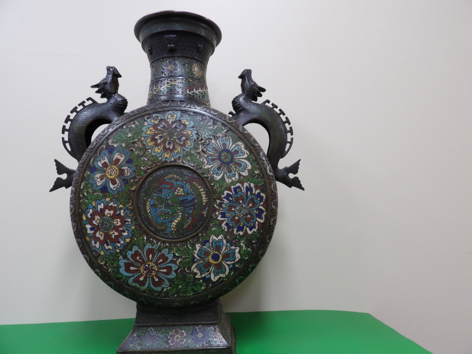 rare 19th century Chinese huge Champleve enamel bronze moonflask vase with dragon handles: Signed on the bottom. 24.5 inches height. Over 23 lbs.