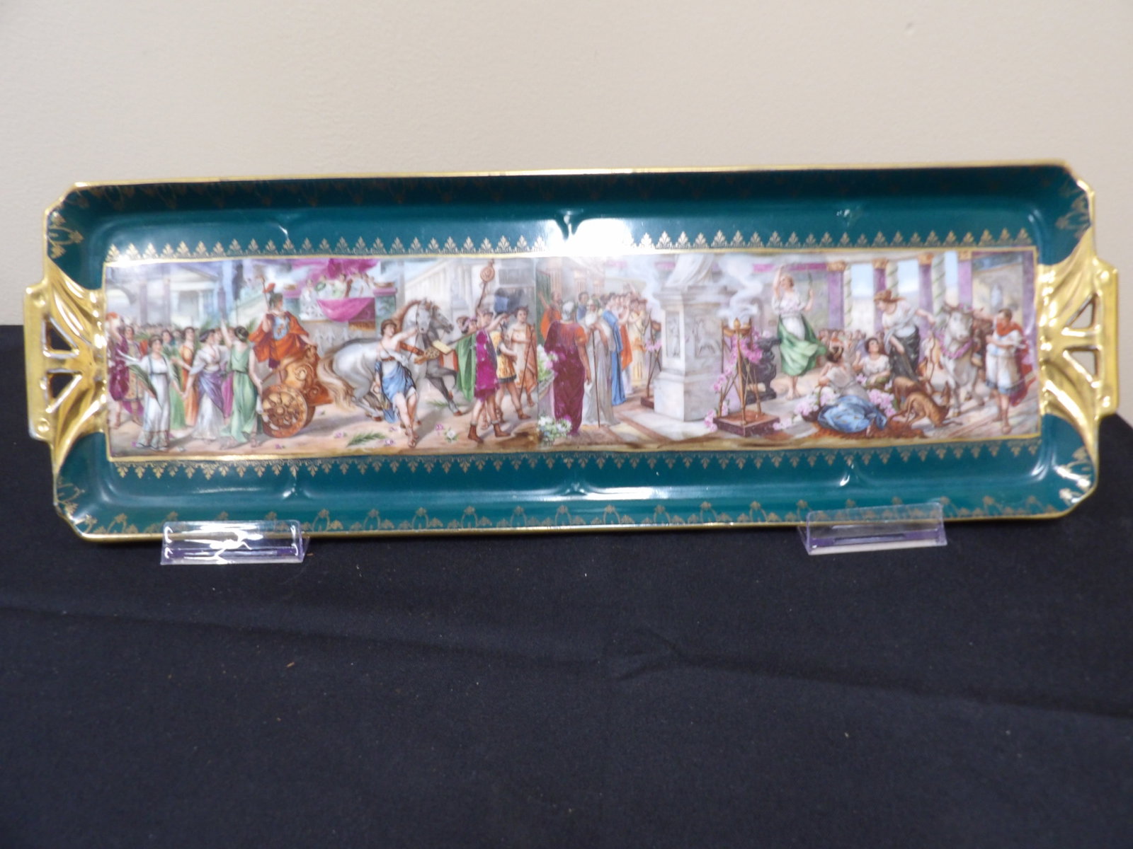 rare antique European 18 inches length porcelain tray with hand painted detailed classical scene: Signed. Late 19th century. 18.3 inches length. We will inhouse ship items to you very affordable and efficient. Select self-arrange shipping.