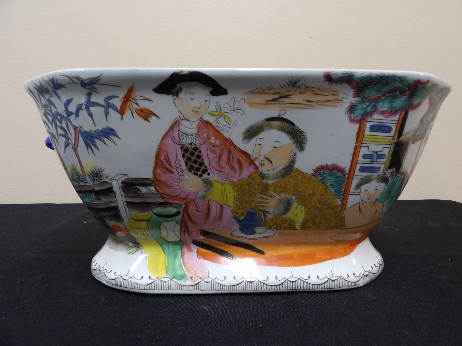 Rare antique Mason's Ironstone China hand painted Chinese characters large bowl with handles: 12.5 inches length. We will inhouse ship items to you very affordable and efficient. Select self-arrange shipping.
