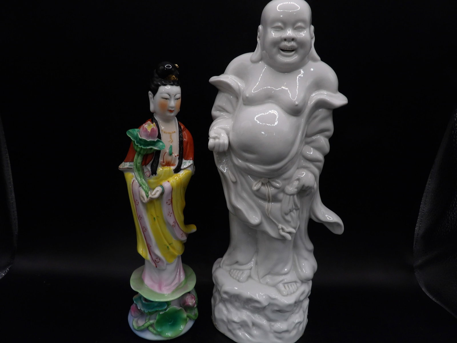 lot of 2 Chinese porcelain Kwan Yin and laughing buddha figurines: Buddha statue is 11.6 inches height. We will inhouse ship items to you very affordable and efficient. Select self-arrange shipping.