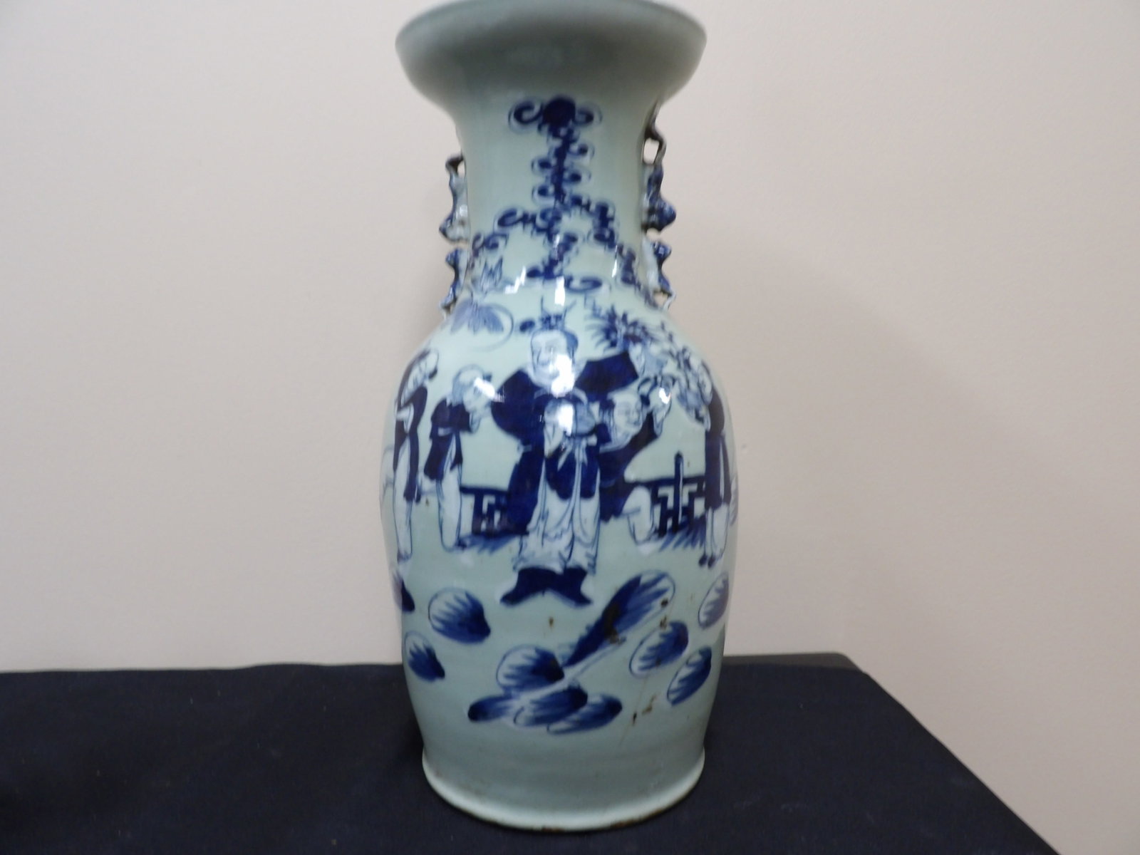 Chinese antique 19th century blue and white porcelain vase with twin handles and figural deco: 16.2 inches height. We will inhouse ship items to you very affordable and efficient. Select self-arrange shipping.