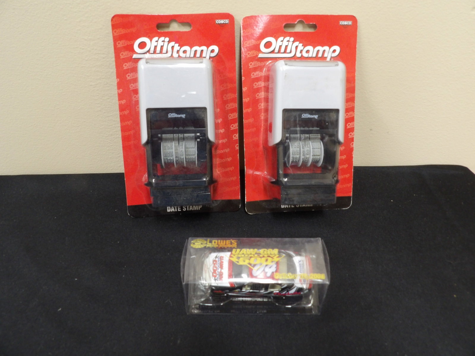 UAW-GM #24 Nascar diecast race car plus 2 unopened Cosco date stamps: Lowe's scale car is 3 inches length. Lot of 3. Date stamps are unopened in original packagings.