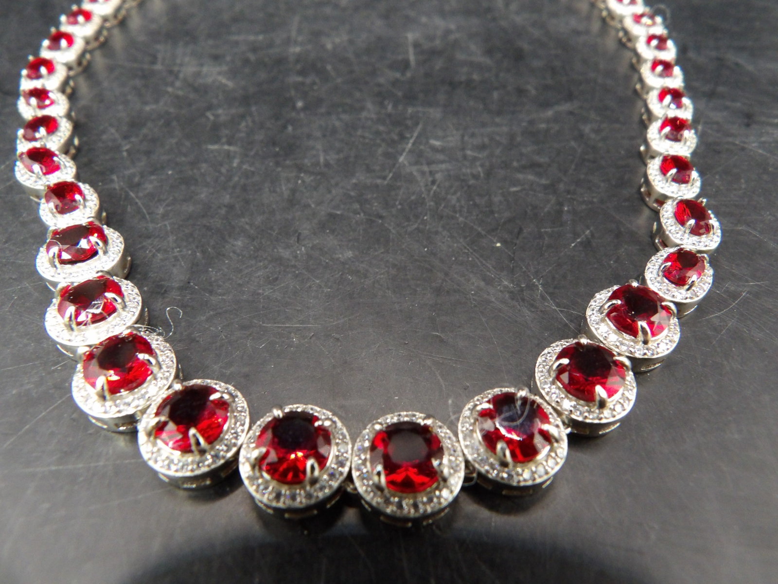 elegant simulated ruby tennis necklace with simulated ruby surrounded by CZ - 2