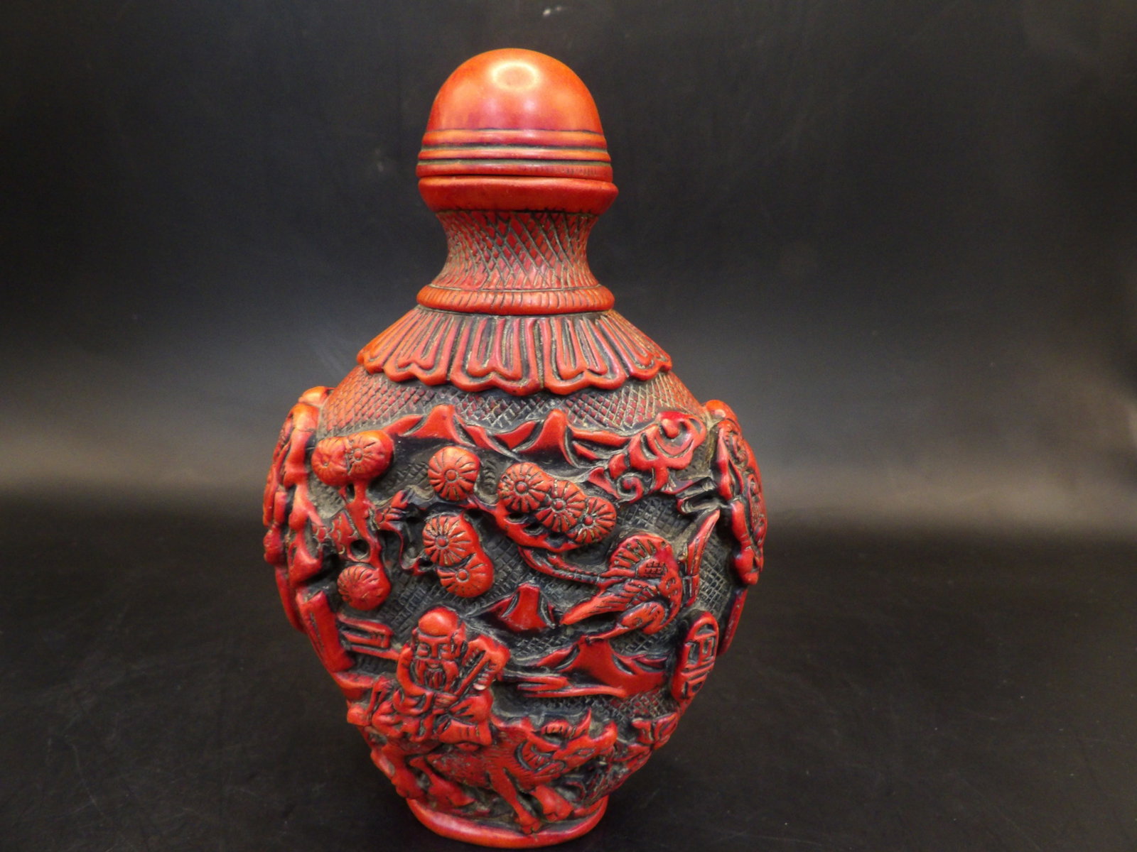 large resin snuff bottle with mask handles: 4.9 inches height.