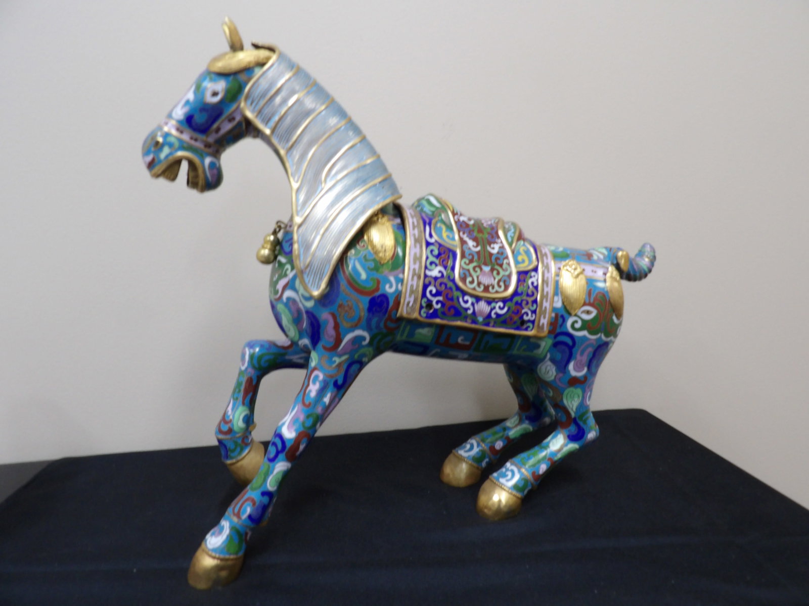 large Chinese cloisonne enamel horse statue with ornate saddle and gold accents (1 of 8)