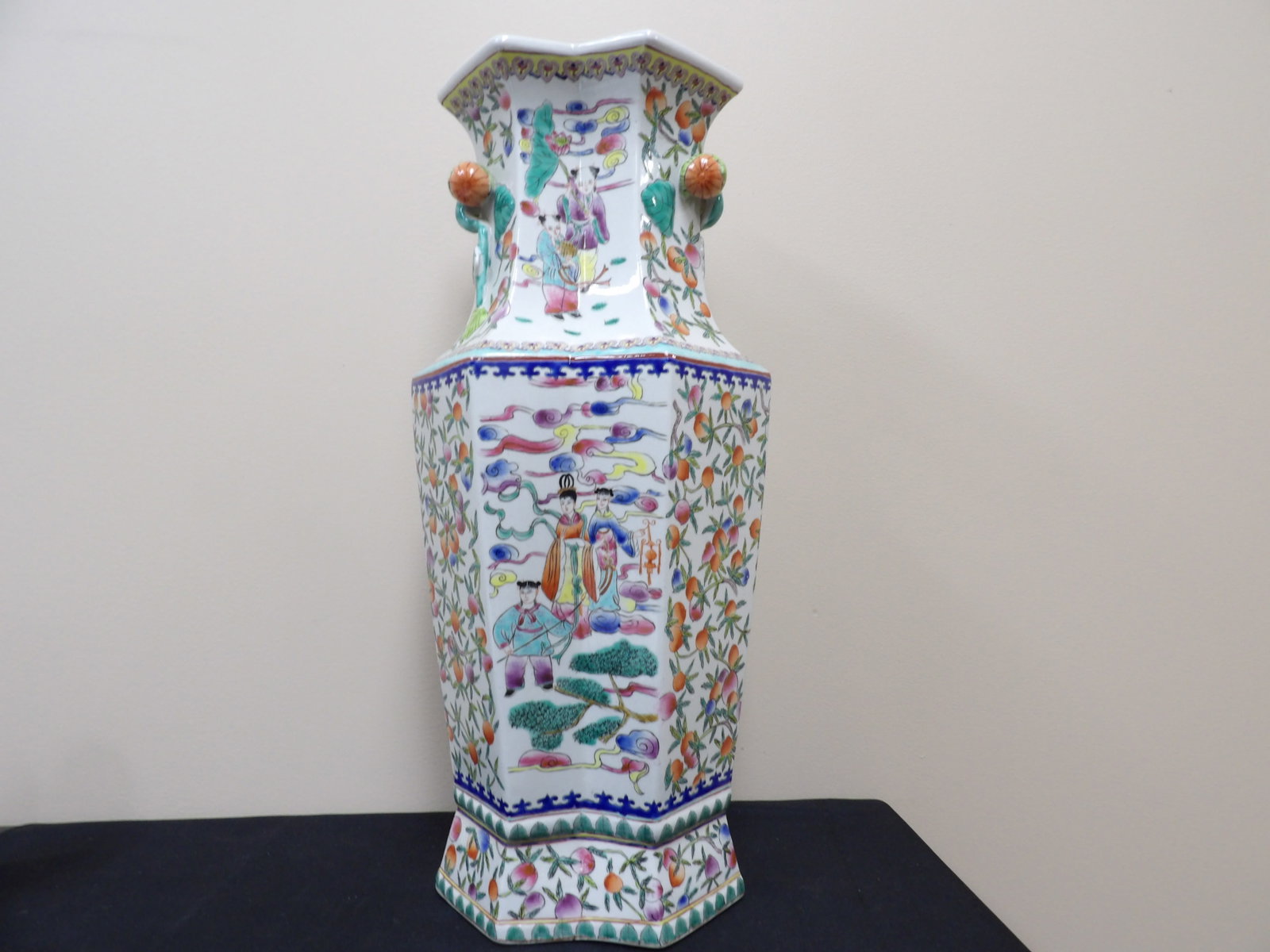 unusual Chinese famille rose porcelain vase with Qing dynasty Tongzhi mark and fruit handles: 22.4 inches height. Unusual shape. It looks like conjoined vase.