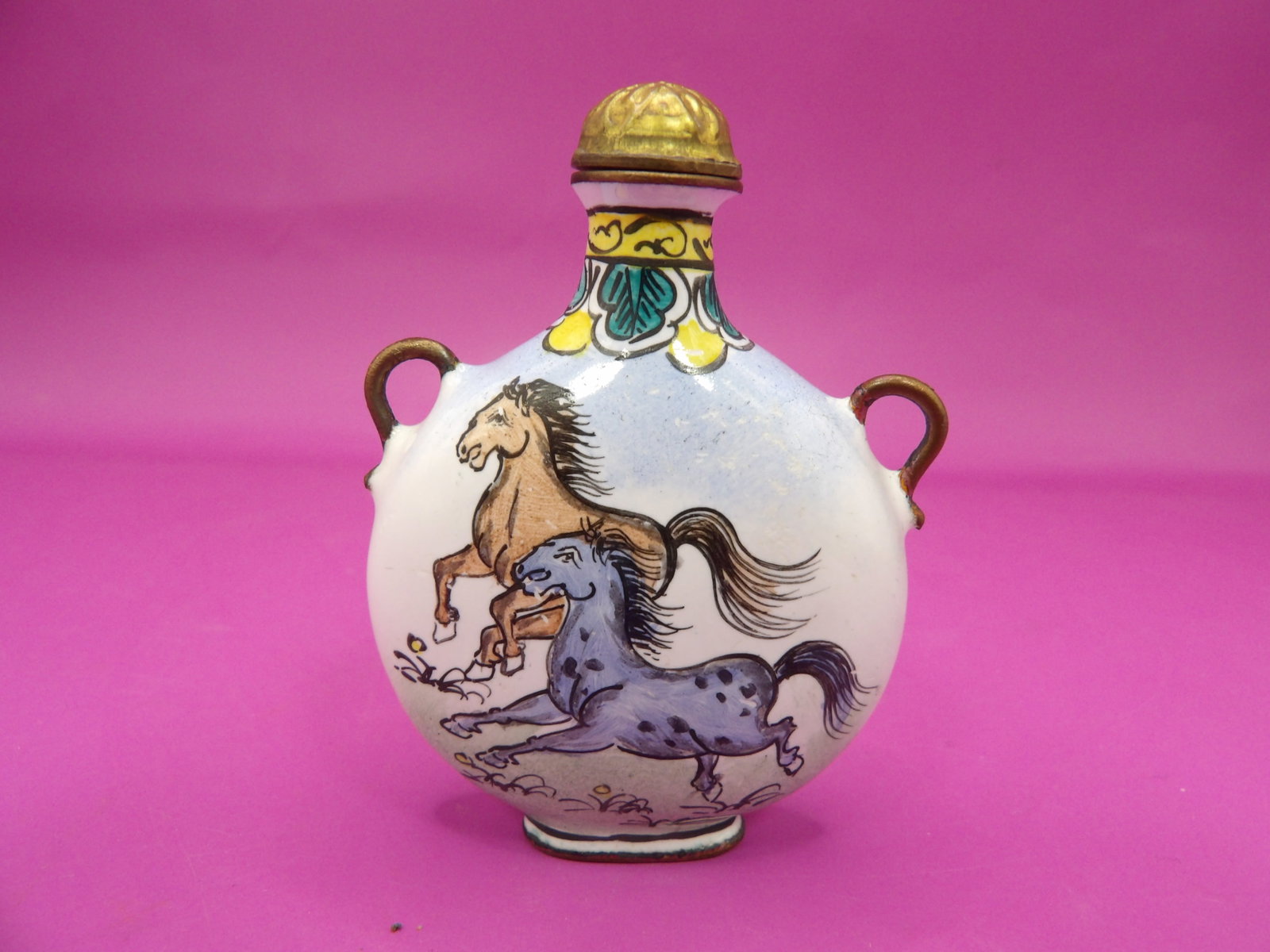 Chinese copper enamel snuff bottle with horse motif: 2.5 inches height.