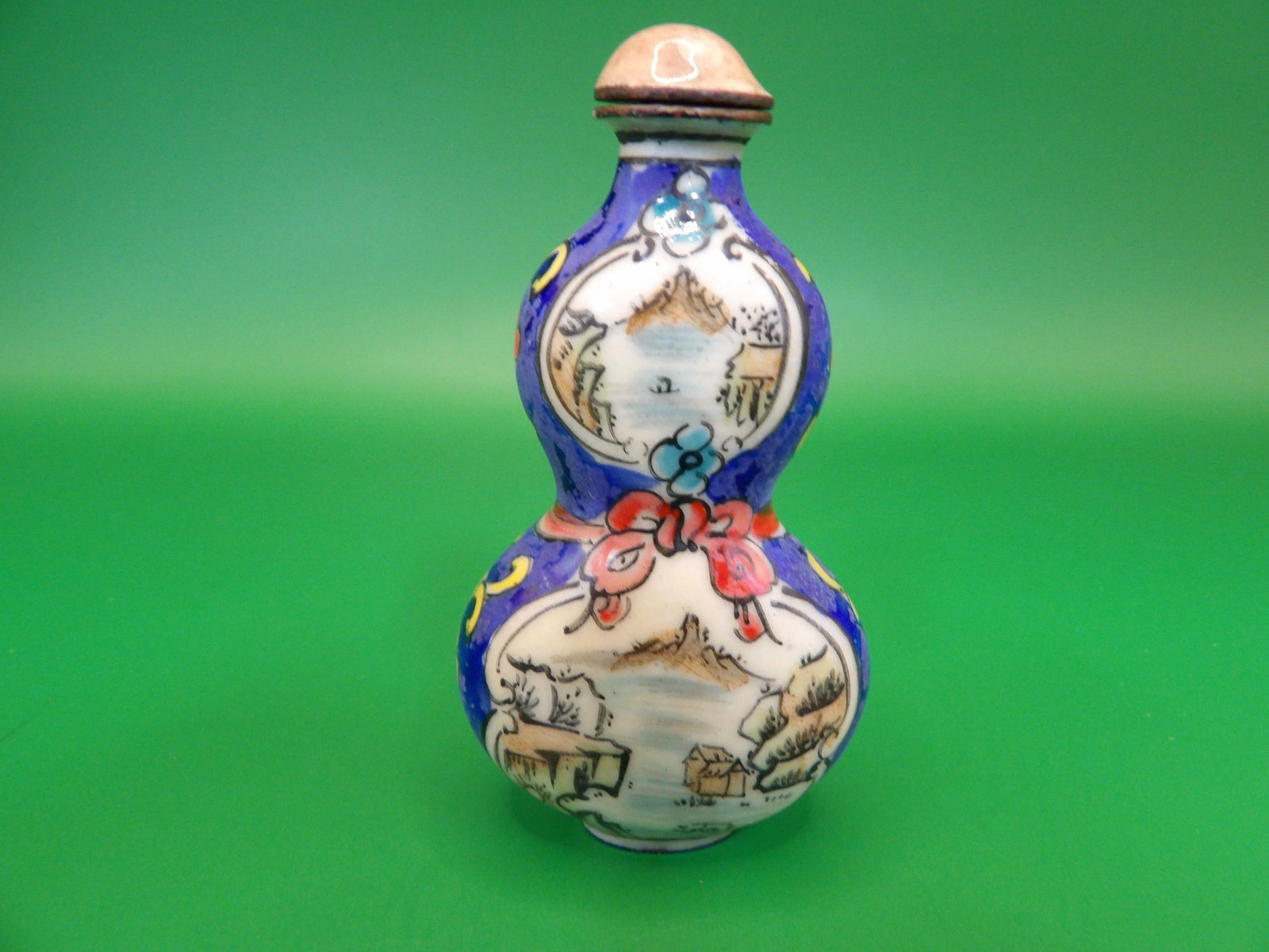 Chinese copper enamel gourd shaped ribbon snuff bottle: 2.5 inches height.