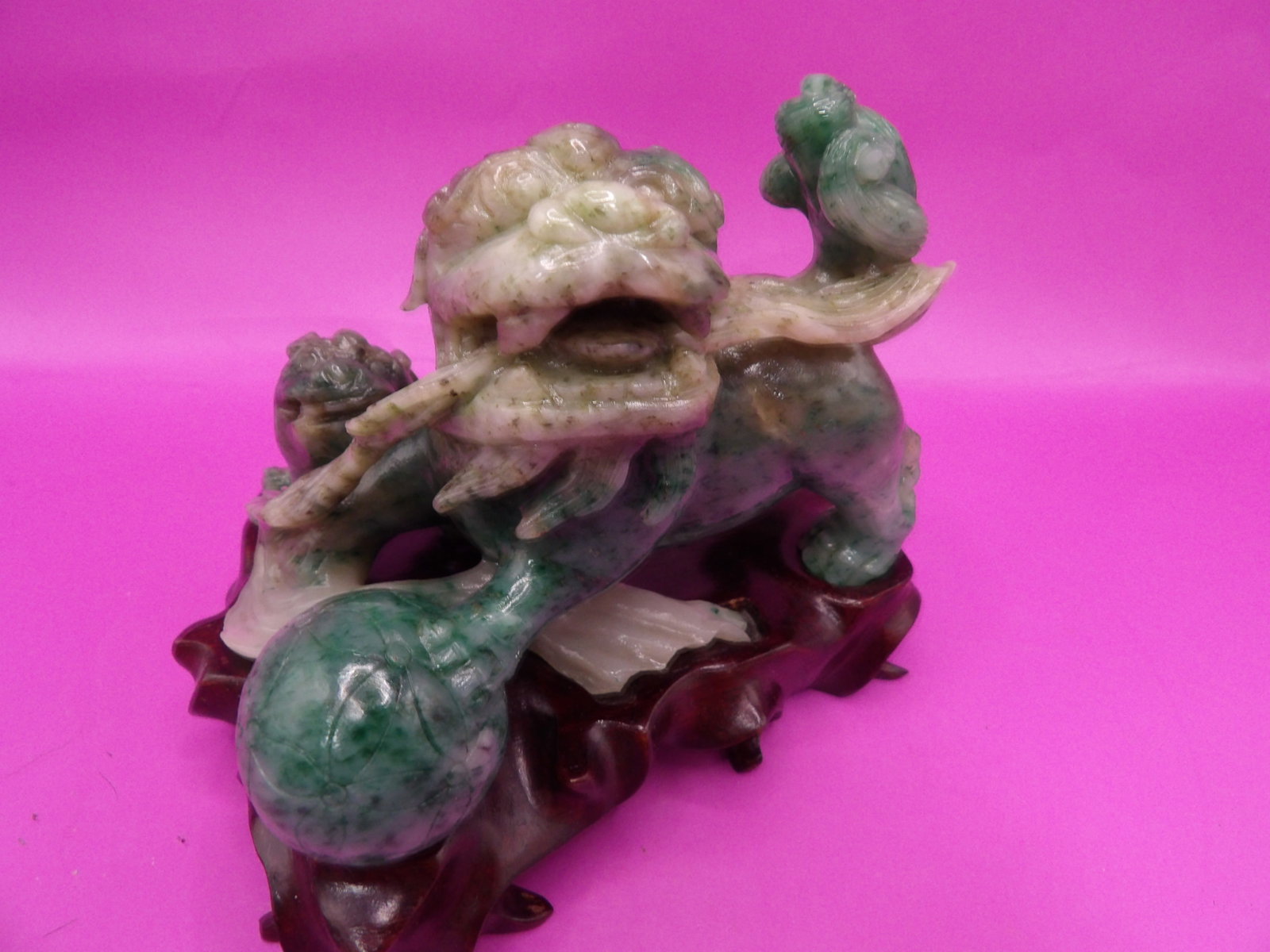 Chinese jade fine carved foo dog with cub on custom wood base (1 of 9)