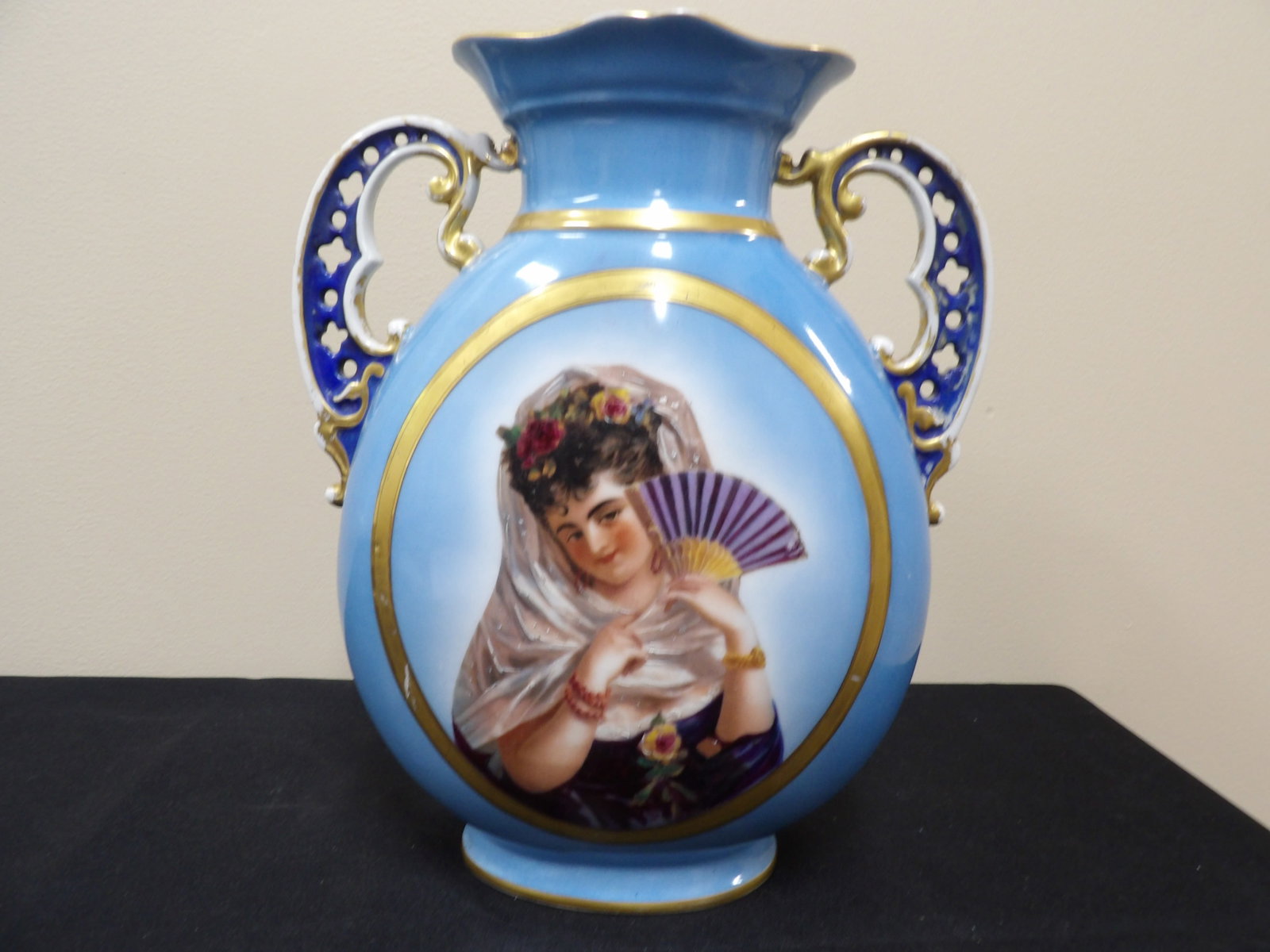 antique hand painted French porcelain vase with portrait of a woman and gold gilded handles: Approx. 12 inches height. We will inhouse ship items to you very affordable and efficient. Select self-arrange shipping.
