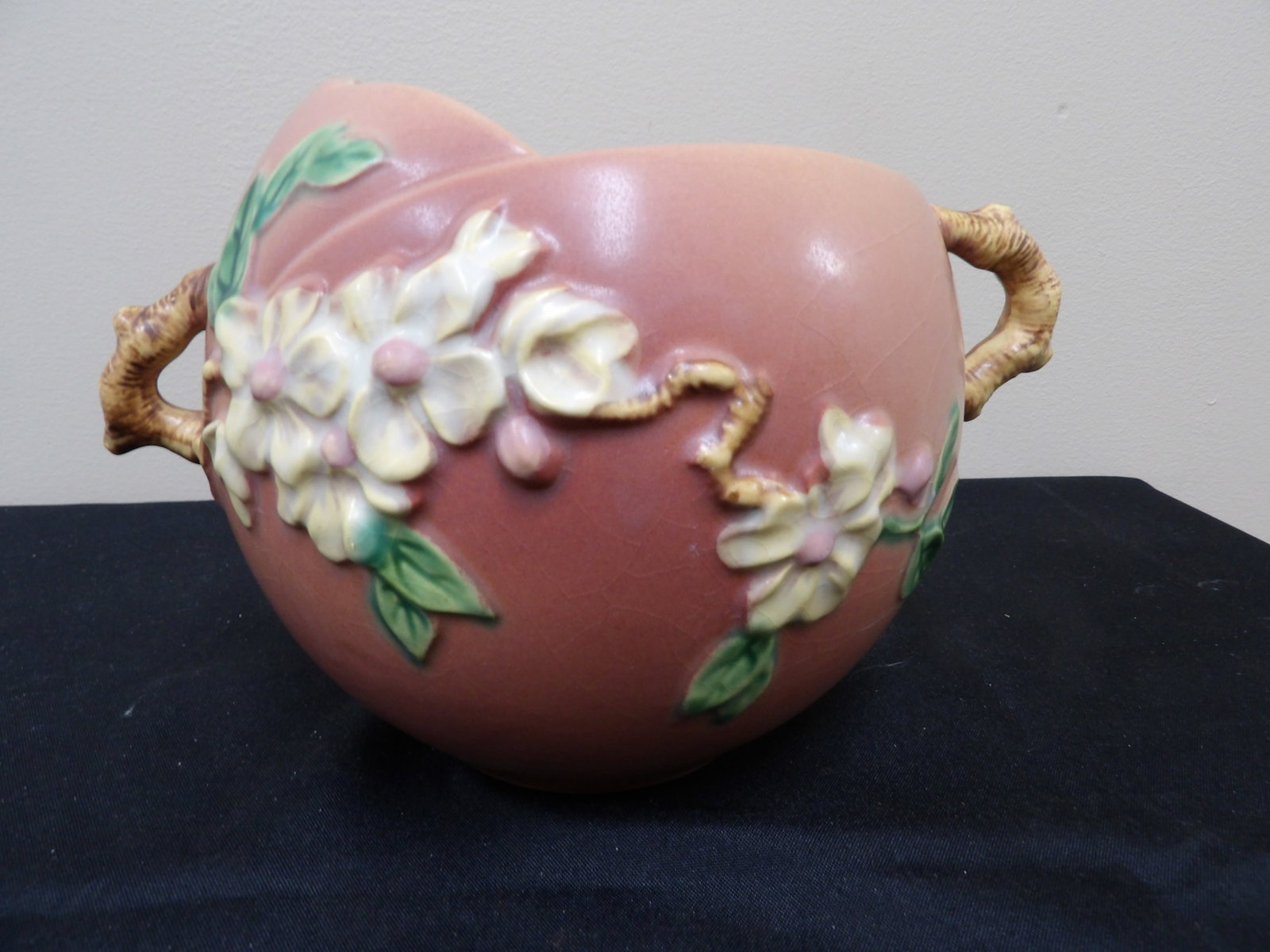 vintage Roseville Pottery pink apple blossom double-handled bowl circa 1949: 9.5 inches length.