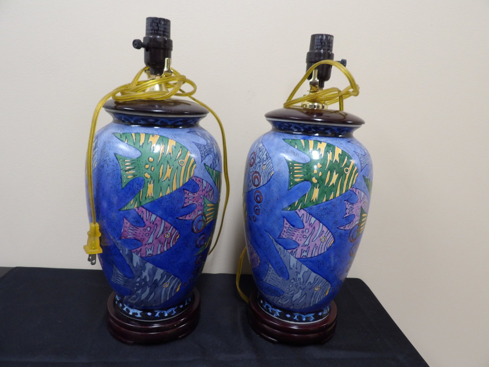 pair of blue ceramic colorful fish motif table lamps: 17.5 inches height. We will inhouse ship items to you very affordable and efficient. Select self-arrange shipping.