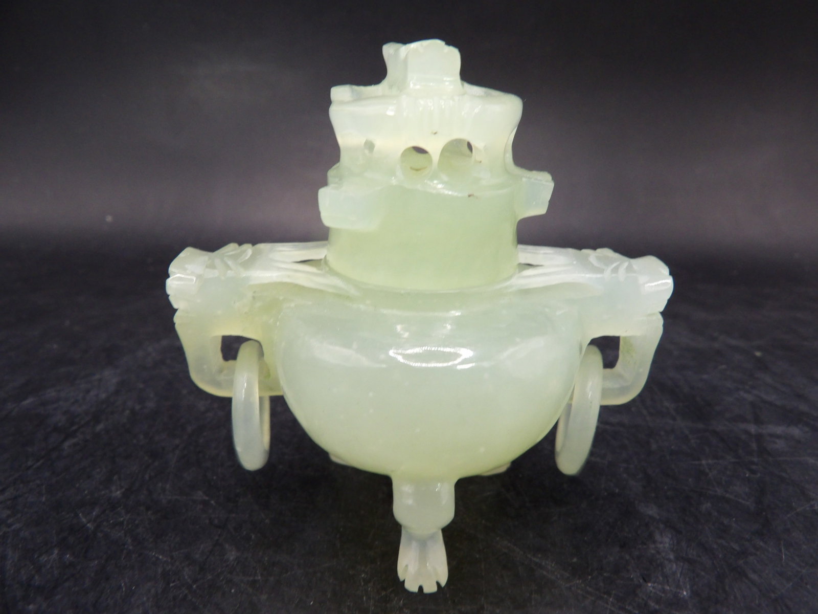 Chinese jade carved small incense burner with dragon motif handles and rings (1 of 6)