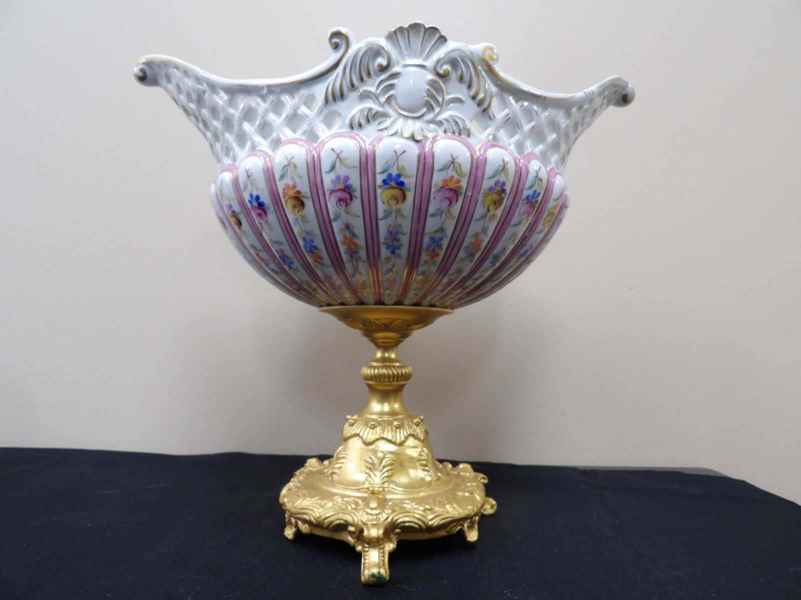 antique Sevres-style hand painted porcelain and gilded bronze center piece French: Circa 1870 to 1890. Size is 13 x 8.6 x 11.5 inches. We will inhouse ship items to you very affordable and efficient. Select self-arrange shipping.