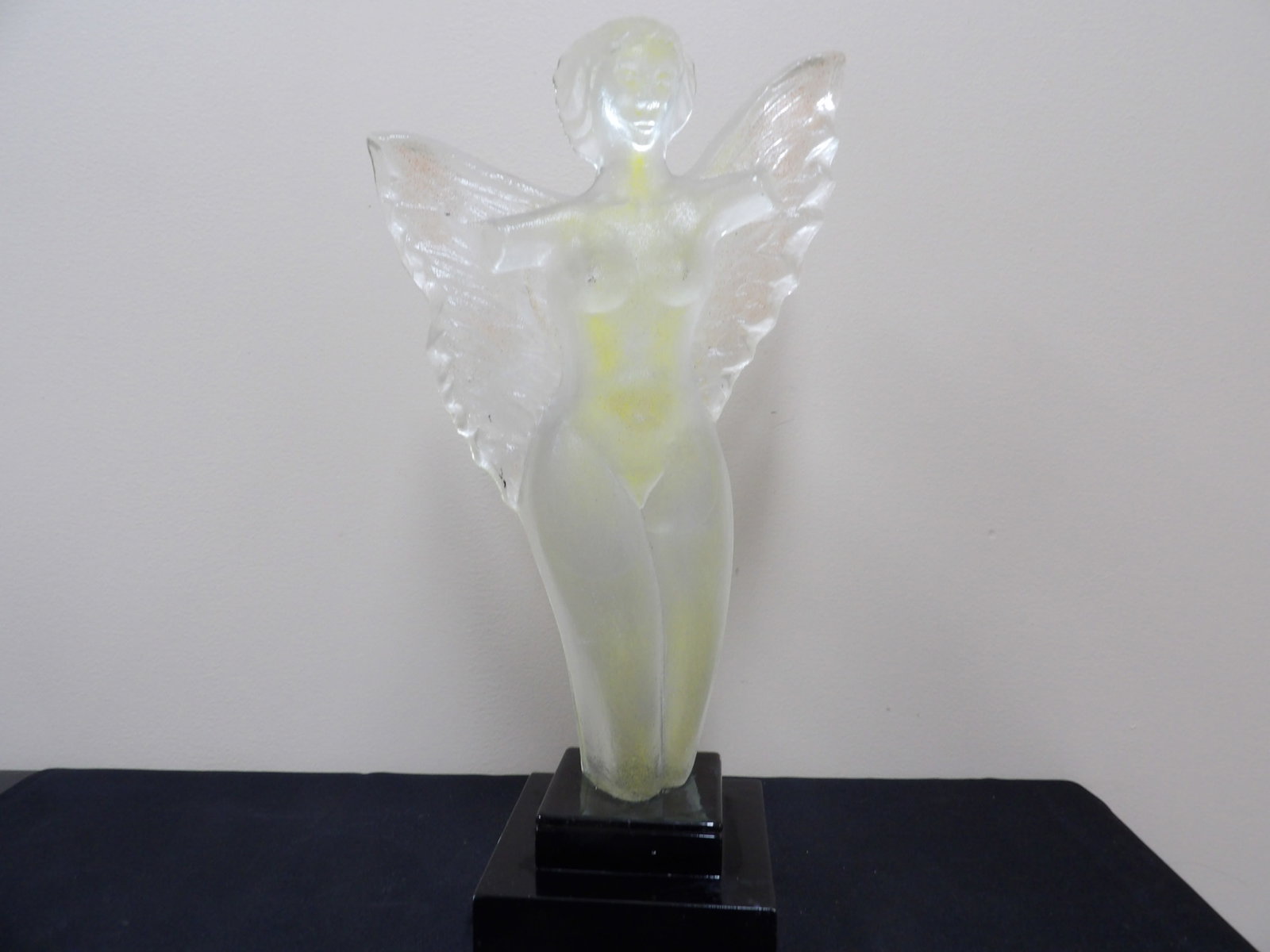 Art Deco frosted and clear glass fairy figurine on a black base 9 lbs: 17 inches height. Heavy 9 lbs. Probably French. We will inhouse ship items to you very affordable and efficient. Select self-arrange shipping.