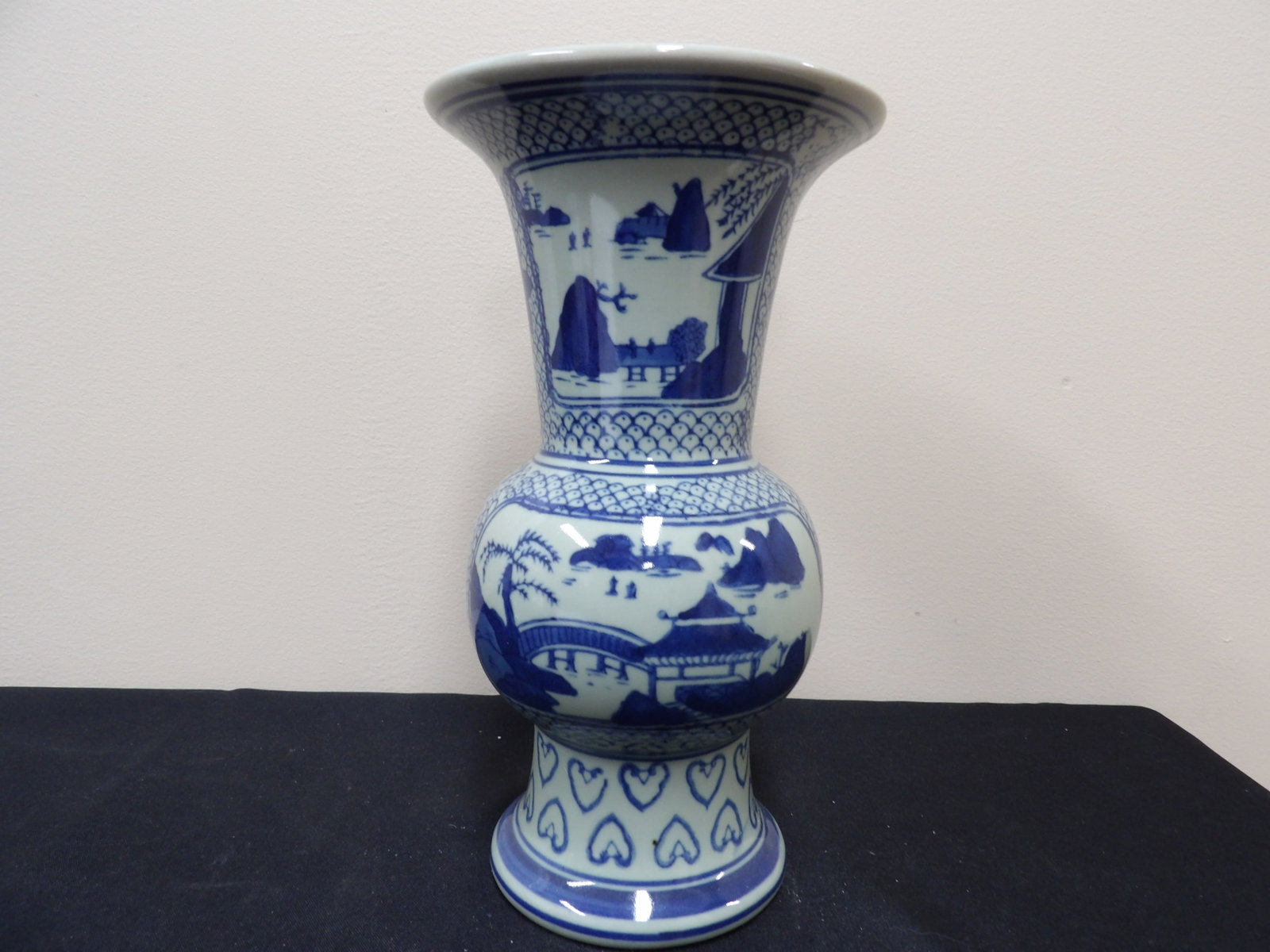 Chinese blue and white porcelain sleeve vase with landscape scenes: 10 inches height. We will inhouse ship items to you very affordable and efficient. Select self-arrange shipping.