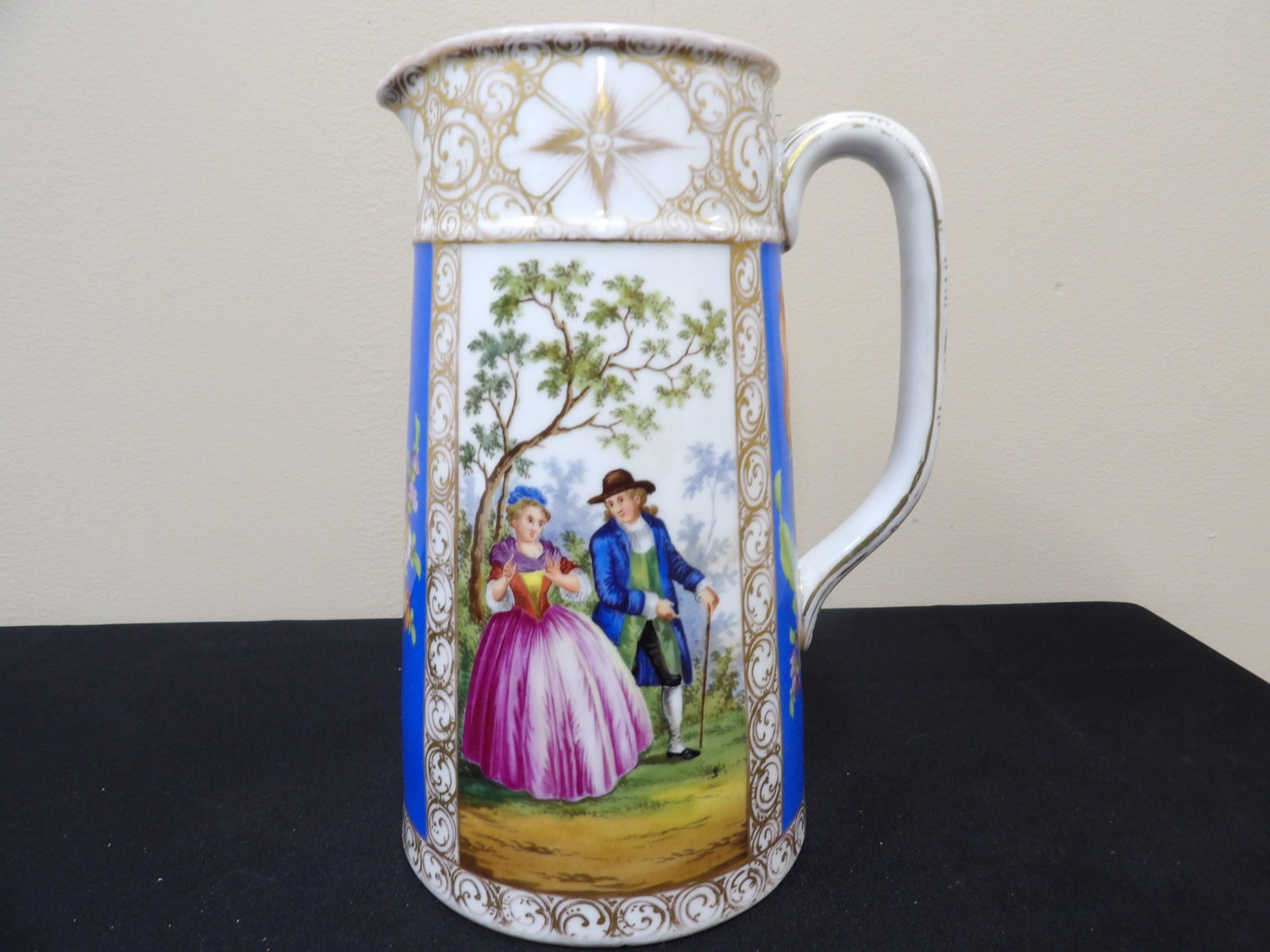 antique Dresden porcelain pitcher pot with hand painted romantic scenes and gilded decoration: 9 inches height. We will inhouse ship items to you very affordable and efficient. Select self-arrange shipping.