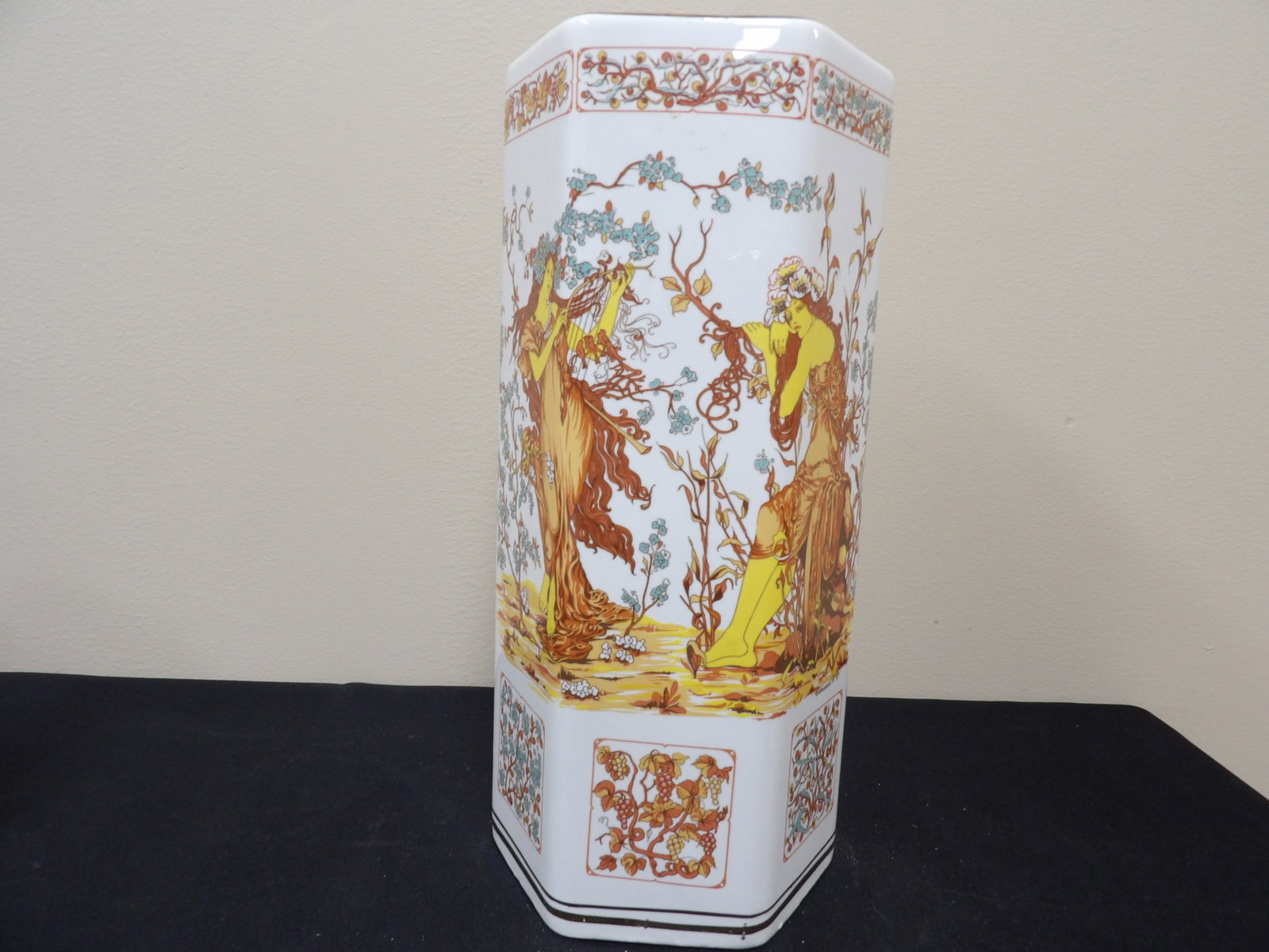 Italian Art Nouveau hexagonal porcelain vase by Carraresi V. V. Calenzano in liberty style: 12 inches height. We will inhouse ship items to you very affordable and efficient. Select self-arrange shipping.