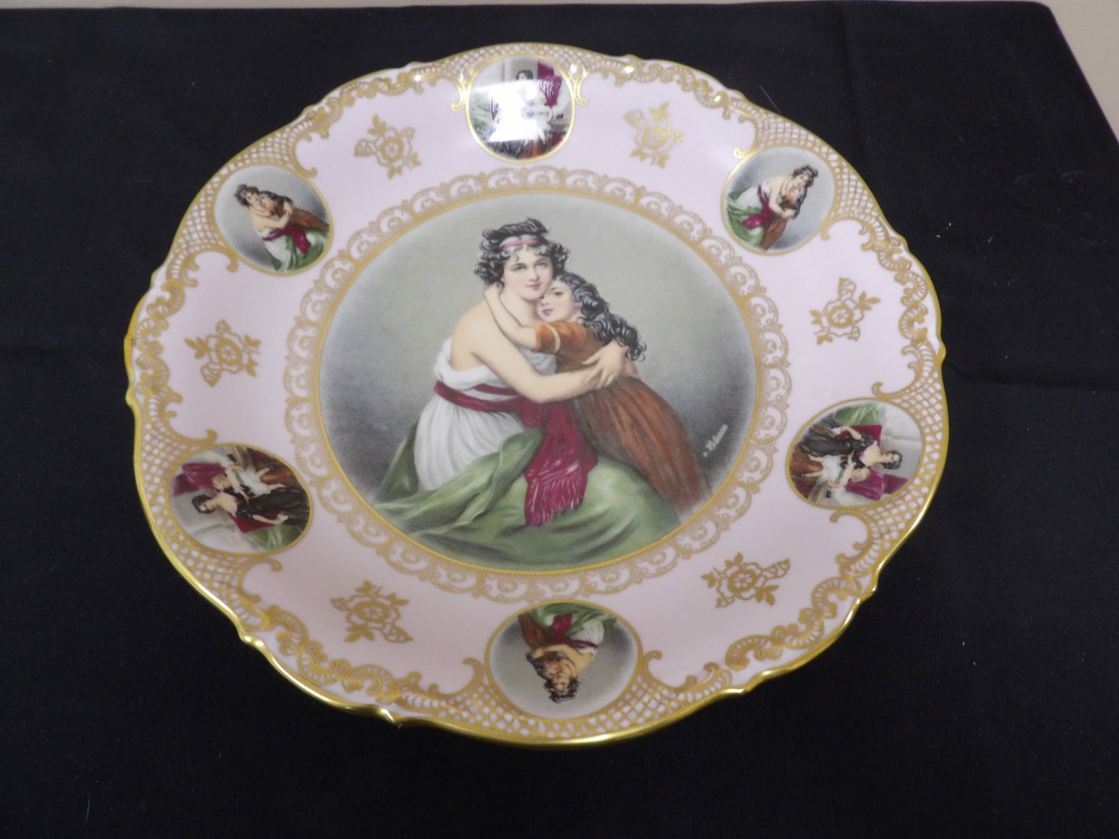 Mitterteich Bavaria footed porcelain plate featuring Vigee Le Brun's mother and daughter: Approx 12 inches diameter.