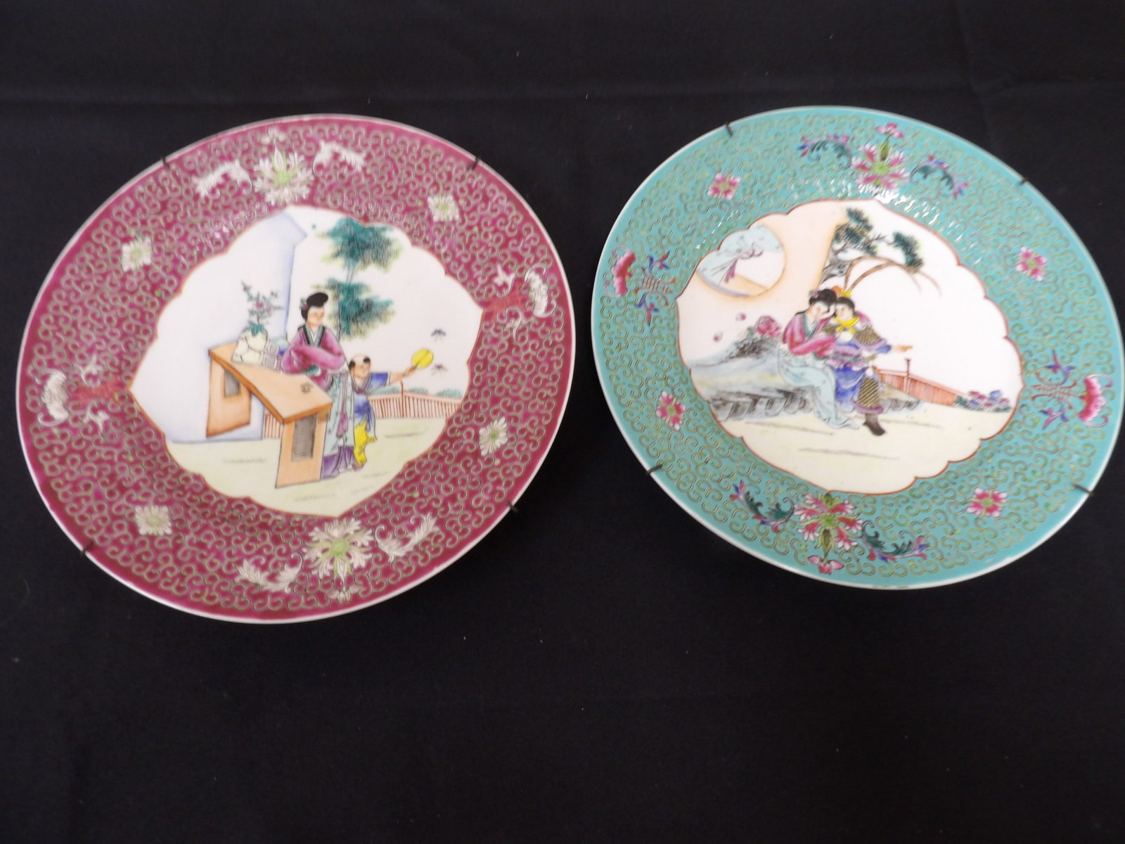 lot of 2 Chinese porcelain famille rose plates with hanging wires signed: 10 inches diameter. We will inhouse ship items to you very affordable and efficient. Select self-arrange shipping.