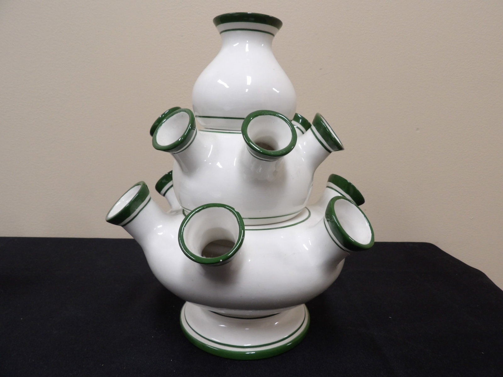 Italian white ceramic tiered tulipiere vase with green trim: 10.3 inches height.
