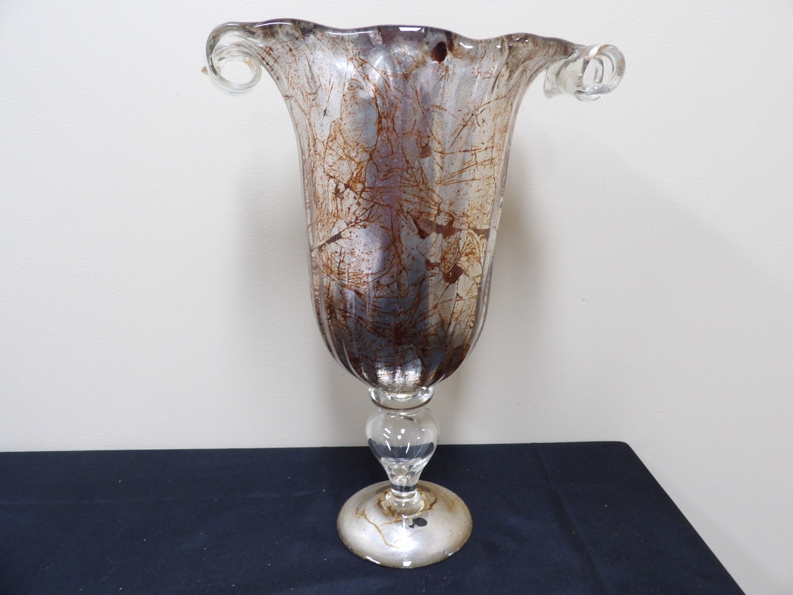 large glass vase with crackled amber and brown probably Murano: 15.8 inches height. Not signed. Probably Murano. We will inhouse ship items to you very affordable and efficient. Select self-arrange shipping.