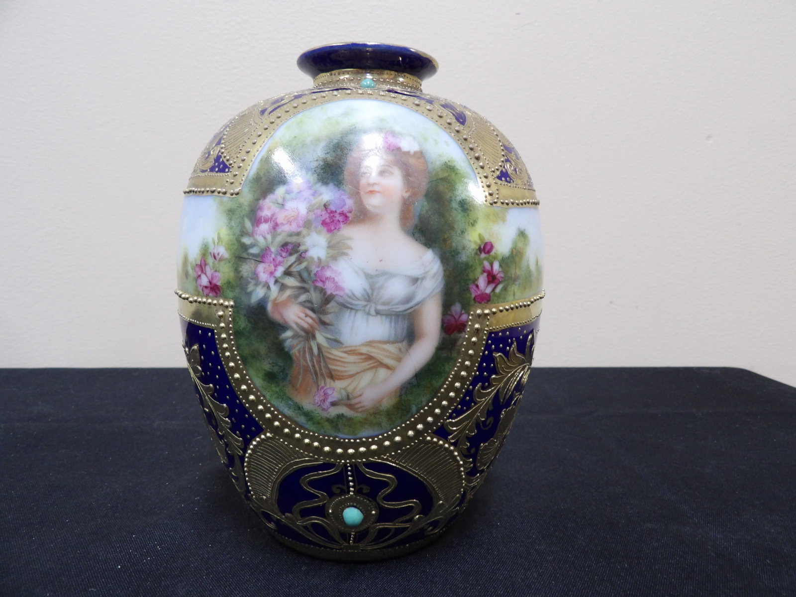 antique hand painted Nippon cobalt blue portrait vase with gilt and cabochon deco: Approx 6 inches height.