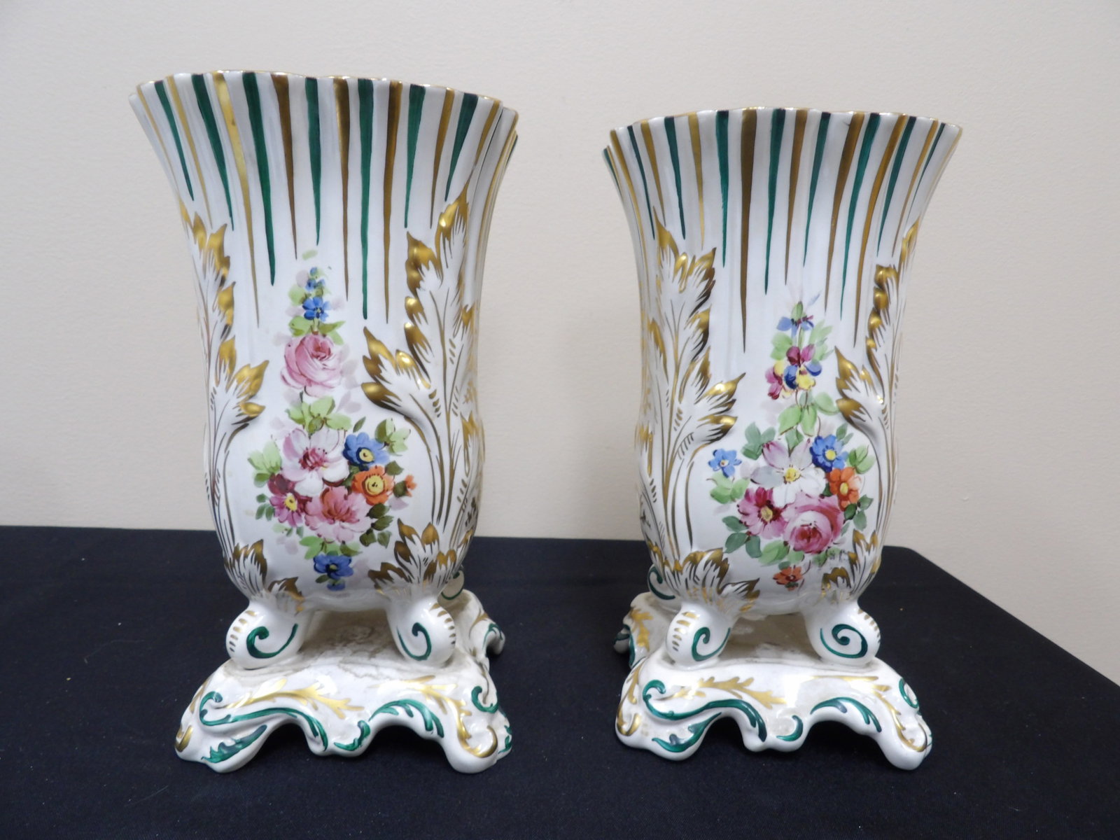 pair of French Amoges porcelain vases with gilded floral decoration: 9.3 inches height. We will inhouse ship items to you very affordable and efficient. Select self-arrange shipping.