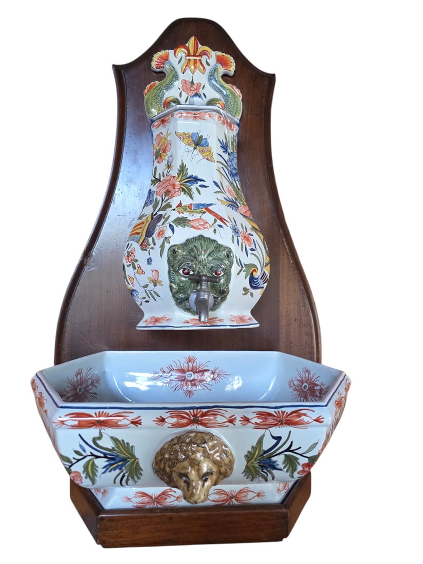 hand painted French faience wall lavabo fountain with floral and mask decorations: Wooden frame on the back is approx. 33 inches height. We will inhouse ship items to you very affordable and efficient. Select self-arrange shipping.