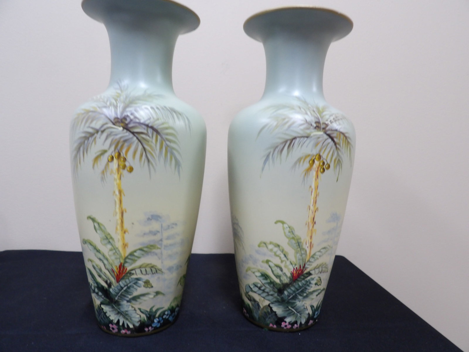 pair of Chinese ceramic vases with tropical plum tree motifs: 14.5 inches height. We will inhouse ship items to you very affordable and efficient. Select self-arrange shipping.