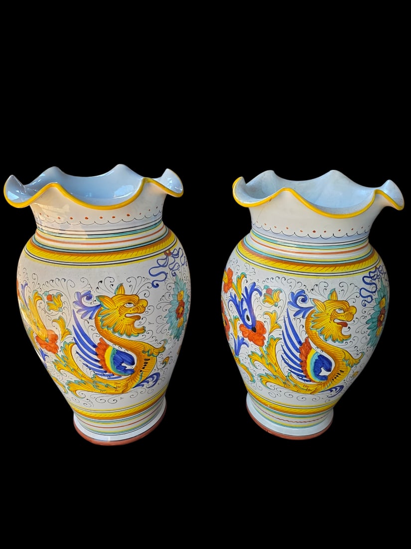 pair of hand painted Italian Majolica dragon vases from Deruta: Approx. size is 12 x 12 x 20 inches. We will inhouse ship items to you very affordable and efficient. Select self-arrange shipping.