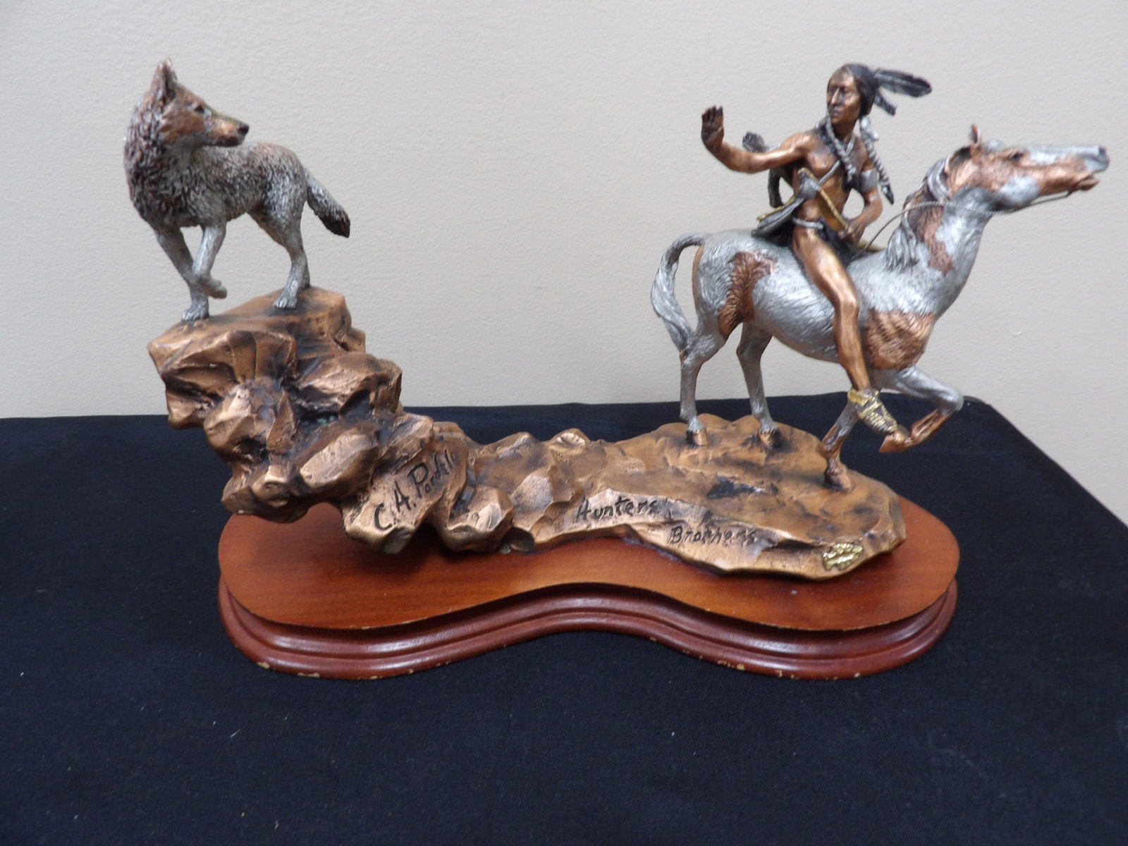 C. A. Pardell "Hunters Brothers" limited edition bronze and mixed metal sculpture: 11 inches length. 9.8 lbs. We will inhouse ship items to you very affordable and efficient. Select self-arrange shipping.