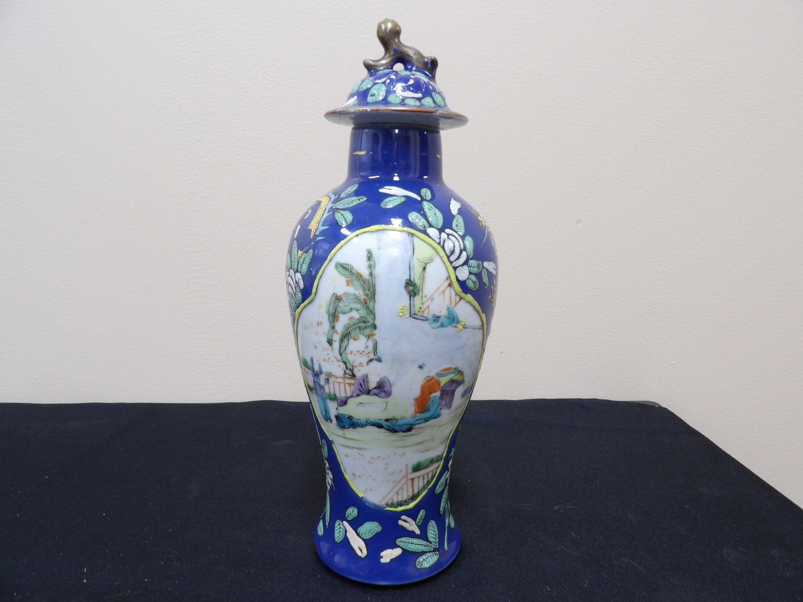 estate Chinese porcelain vase with hand painted scholar boys and foo dog lid: Approx. 11 inches height. We will inhouse ship items to you very affordable and efficient. Select self-arrange shipping.