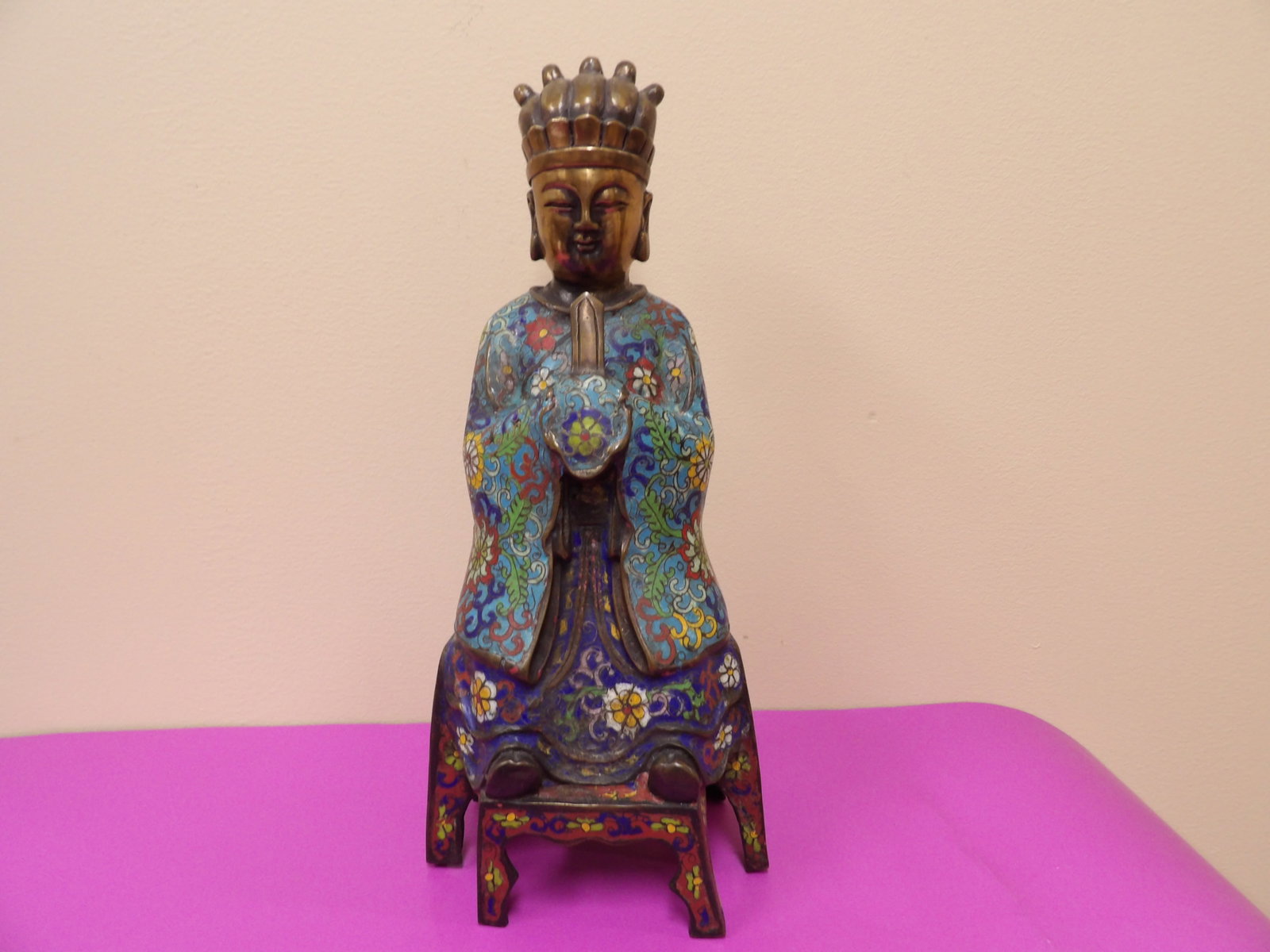 antique Chinese cloisonne enamel bronze seated figure of a deity: 12 inches height. We will inhouse ship items to you very affordable and efficient. Select self-arrange shipping.