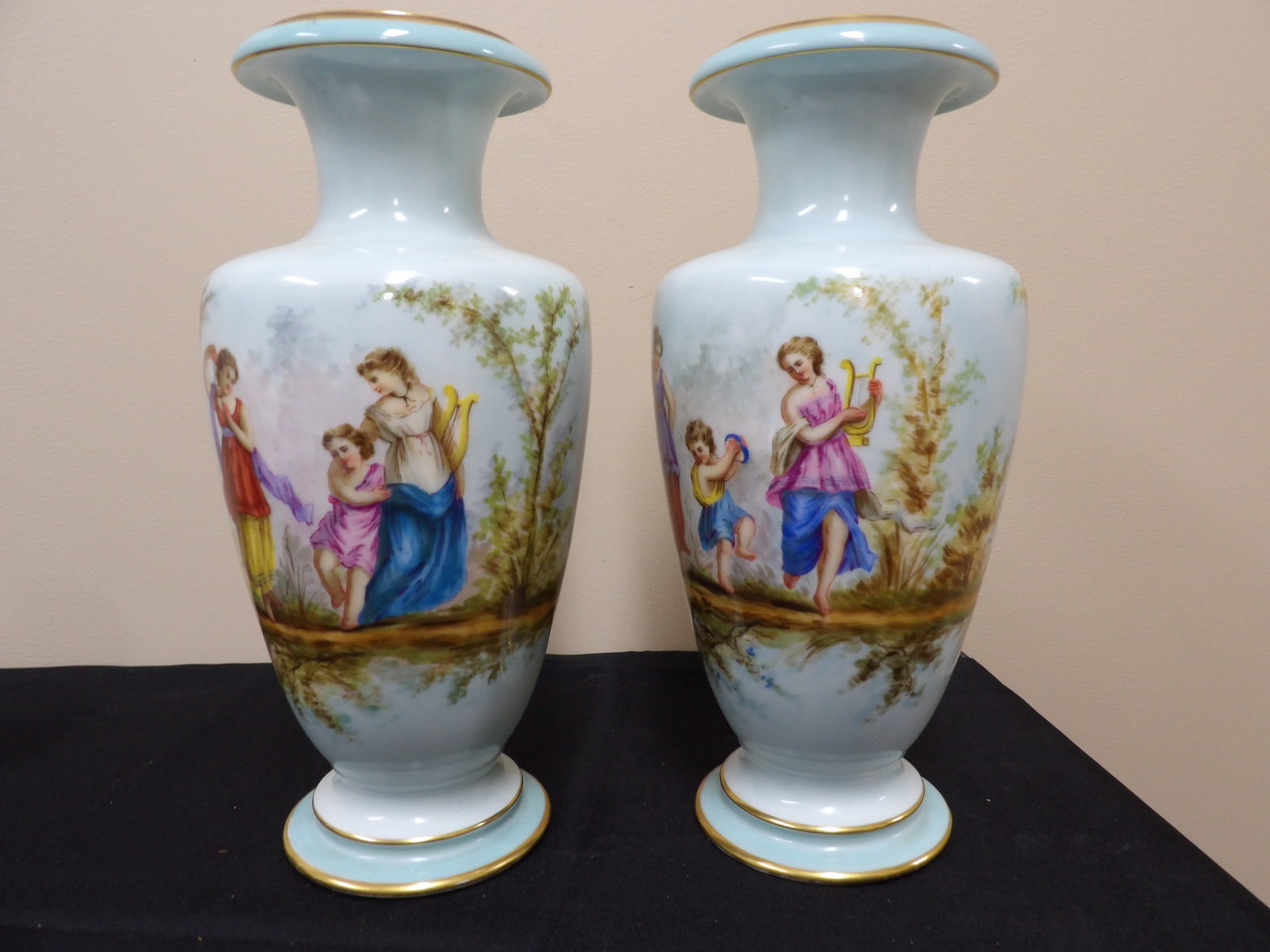 lot of 2 antique French porcelain vases with gold rim and hand painted pastoral scenes: 13.4 inches height. Not signed. Believed to be French late 19th century. We will inhouse ship items to you very affordable and efficient. Select self-arrange shipping.