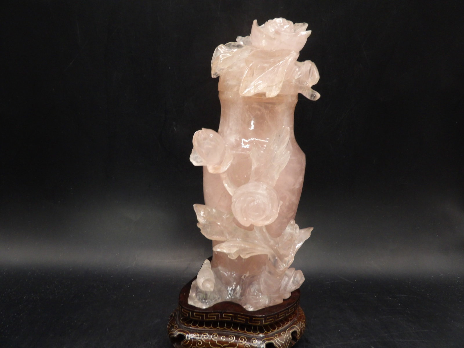 fine Chinese rose quartz carved lidded vase with raised flowers and custom wood base: Approx 8 inches height including custom wood base. We will inhouse ship items to you very affordable and efficient. Select self-arrange shipping.