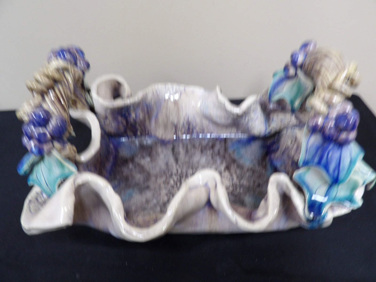 vintage ceramic large serving bowl with grape vines handles: 13 inches length. We will inhouse ship items to you very affordable and efficient. Select self-arrange shipping.