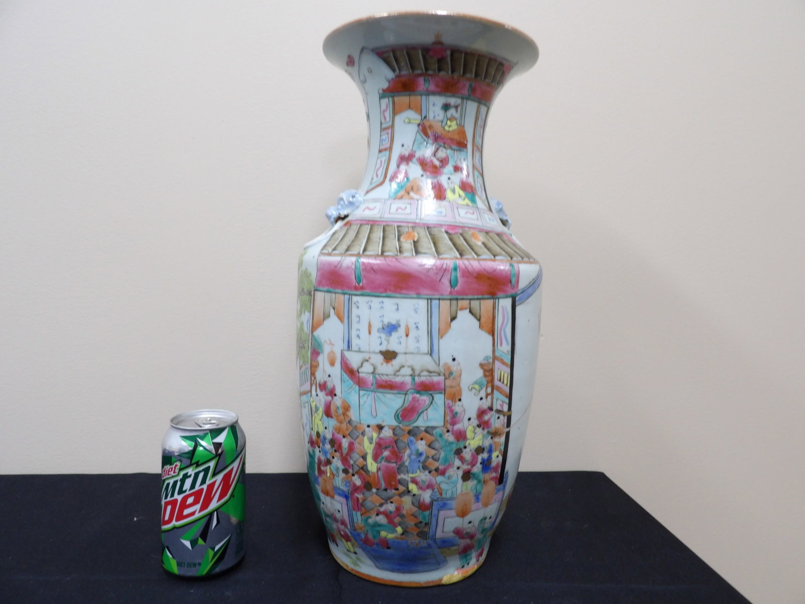 antique Chinese porcelain vase with mask handles and hand painted dragon play Qing dynasty: Fine paintings all around the vase. 17 inches height. We will inhouse ship items to you very affordable and efficient. Select self-arrange shipping.