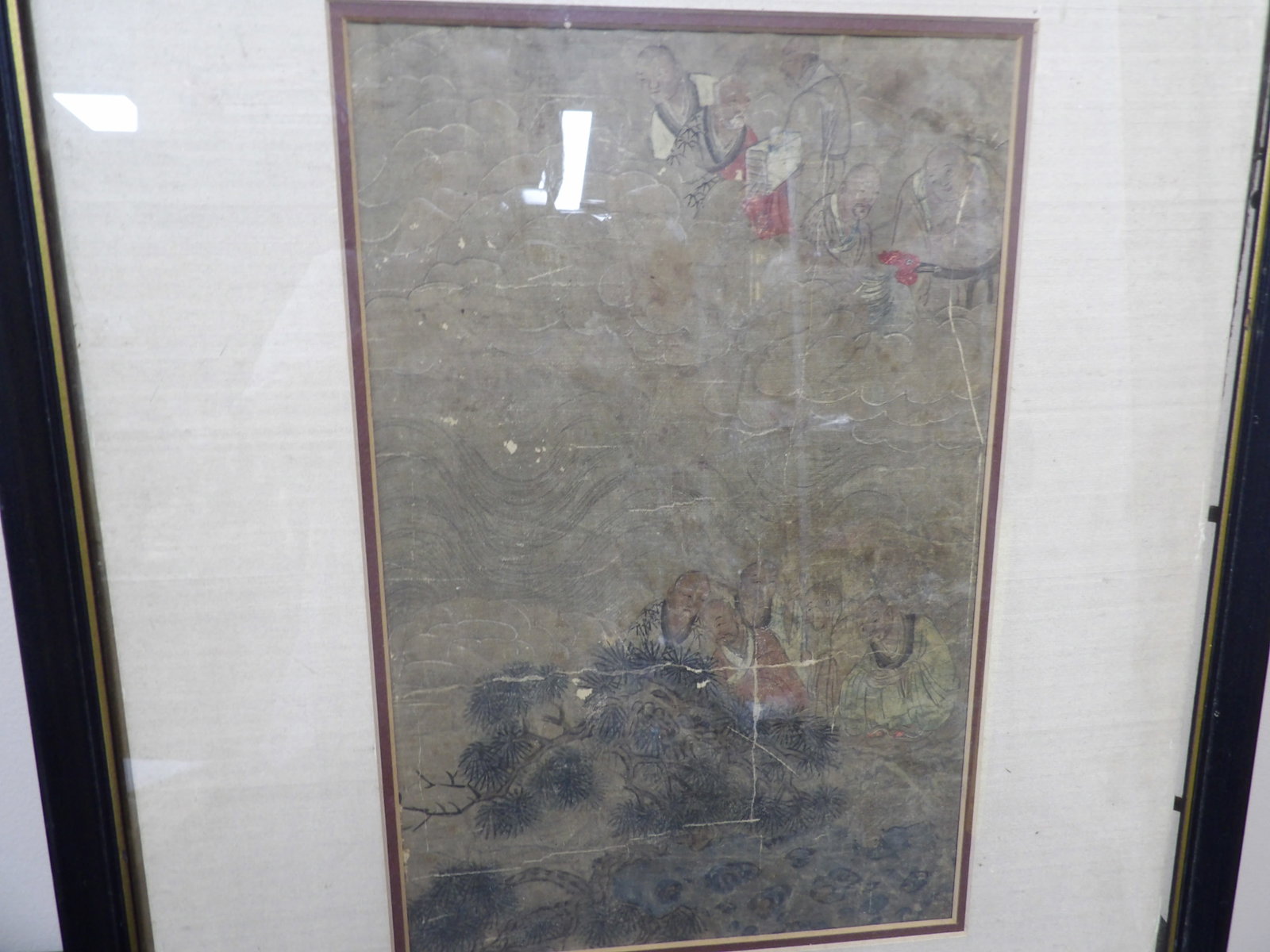 Framed antique Chinese Qing dynasty Gouache painting on silk: Depicting multiple buddha and characters, clouds and pine trees. Frame size is 17 x 21 x 0.7 inches. We will inhouse ship items to you very affordable and efficient. Select self-arrange shipping.
