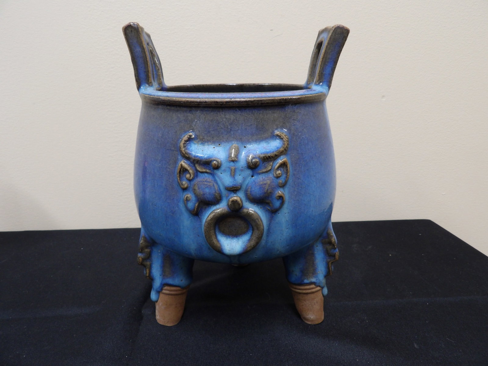 Chinese Jun kiln porcelain incense burner with mask faces: 8.7 inches height.