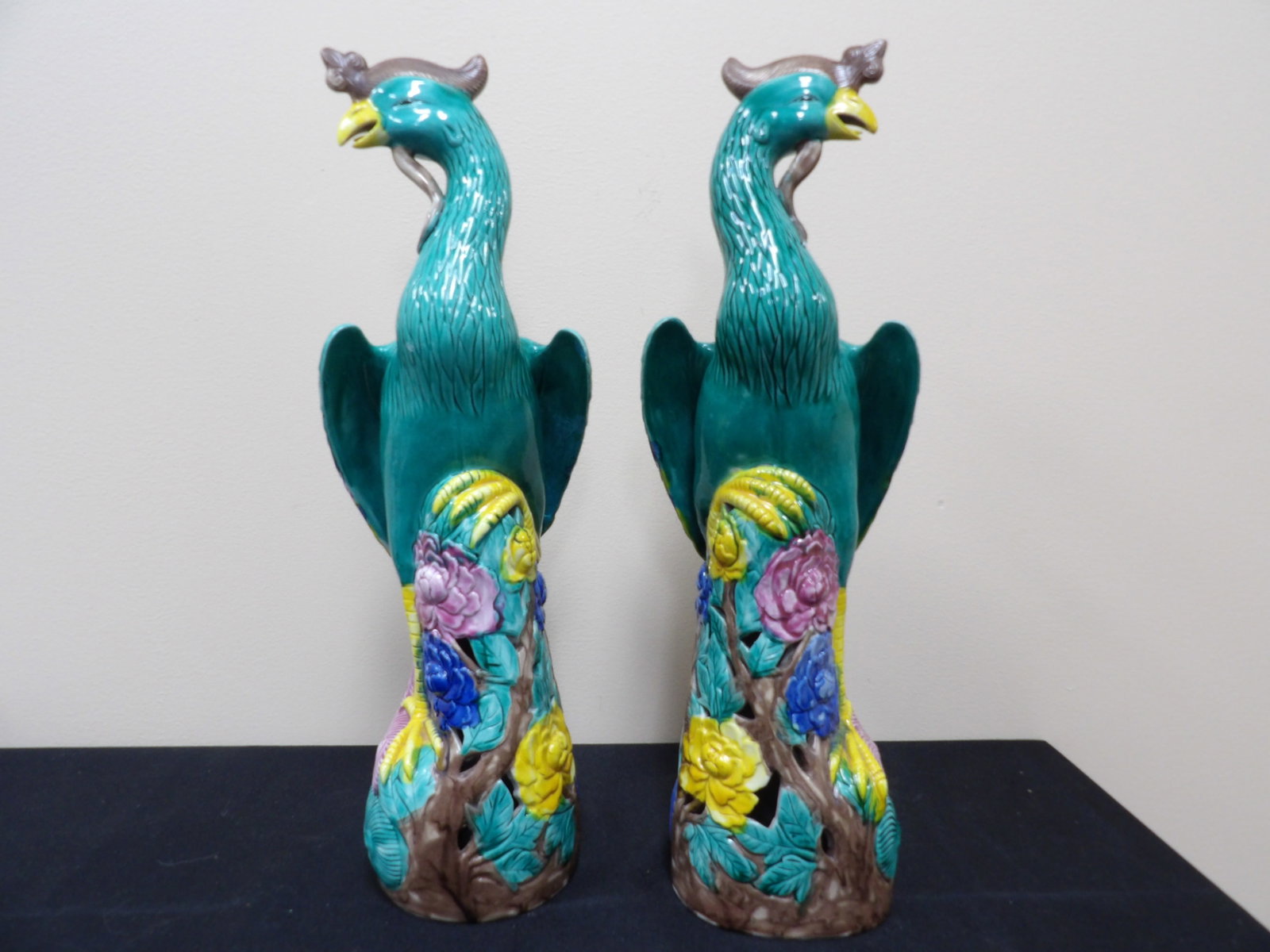 rare antique Chinese large phoenix porcelain statues lot of 2 with maker's mark: 16 inches height. We will inhouse ship items to you very affordable and efficient. Select self-arrange shipping.