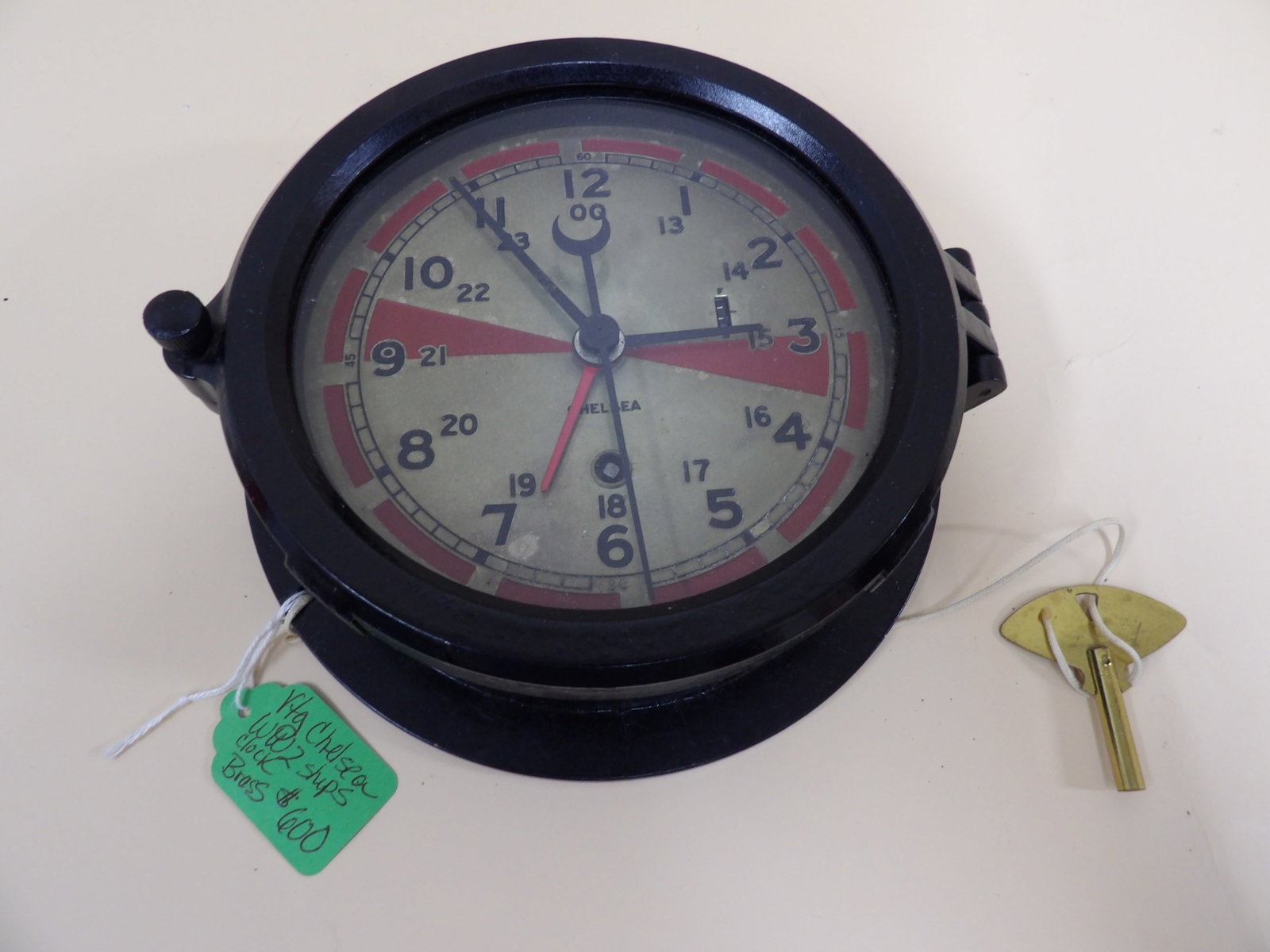 Chelsea WW2 ship brass clock with original key: Size is 7.5 x 7.5 x 2.5 inches. We will inhouse ship items to you very affordable and efficient. Select self-arrange shipping.