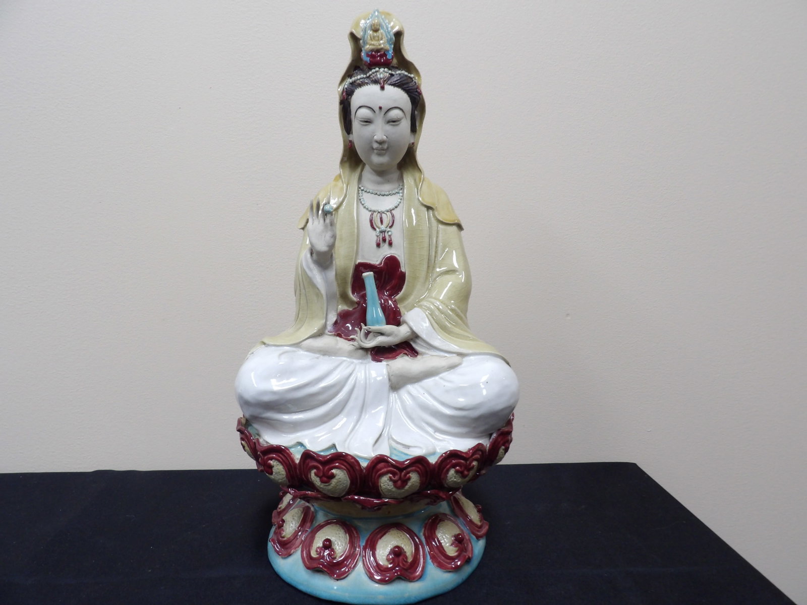 high quality Chinese earthenware Kwan Yin statue 17 inches height the Bodhisattva of Compassion: Great details of fingers, face and accessories. Maker's seal inside the bottom of the statue. Size is 9 x 10 x 17.5 inches. We will inhouse ship items to you very affordable and efficient. Select self