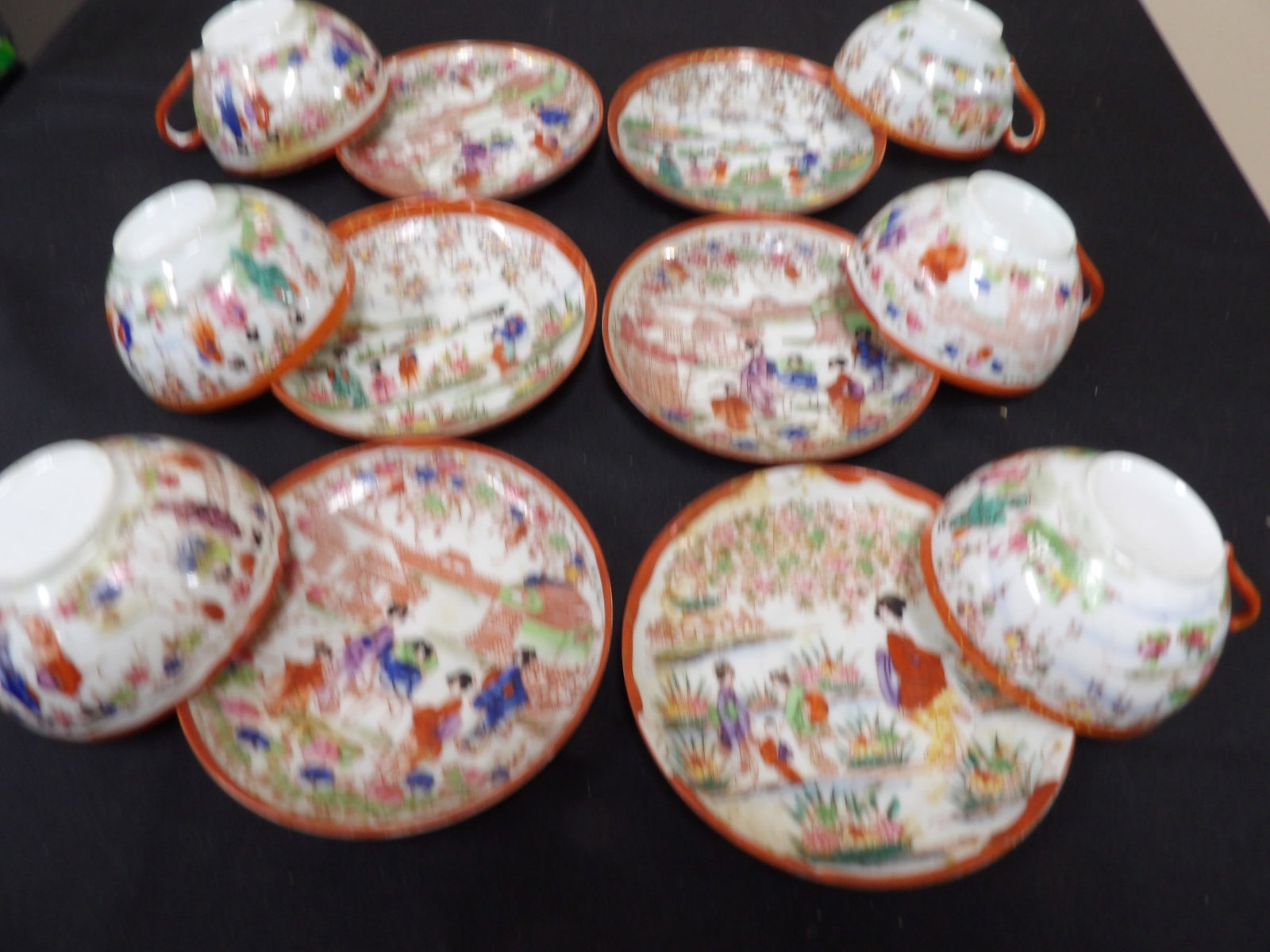 lot of 12 antique Japanese eggshell porcelain Geisha scene teacups and saucers circa 1920s: Saucer is 5.4 inches diameter. We will inhouse ship items to you very affordable and efficient. Select self-arrange shipping.
