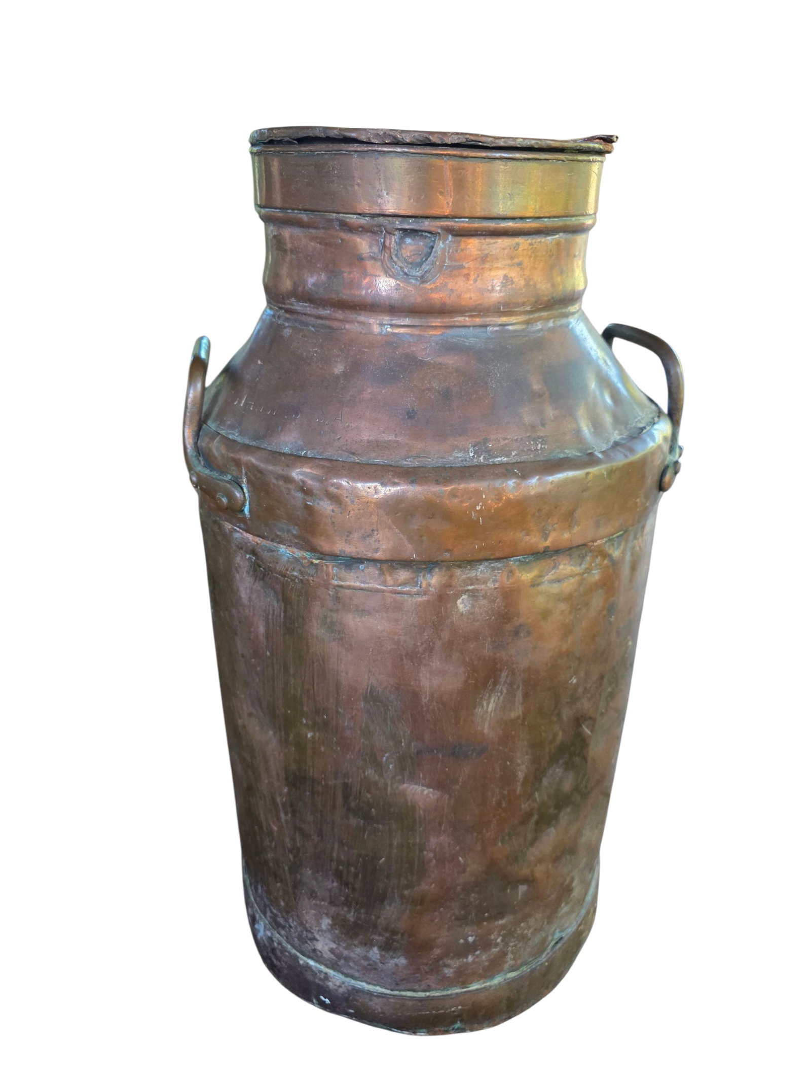 Very large antique or vintage copper milk jar marked over 26 inches marked: Size is approx 10 x 10 x 26.5 inches. Marked "Santa Rosa Estancias". We will inhouse ship items to you very affordable and efficient. Select self-arrange shipping.