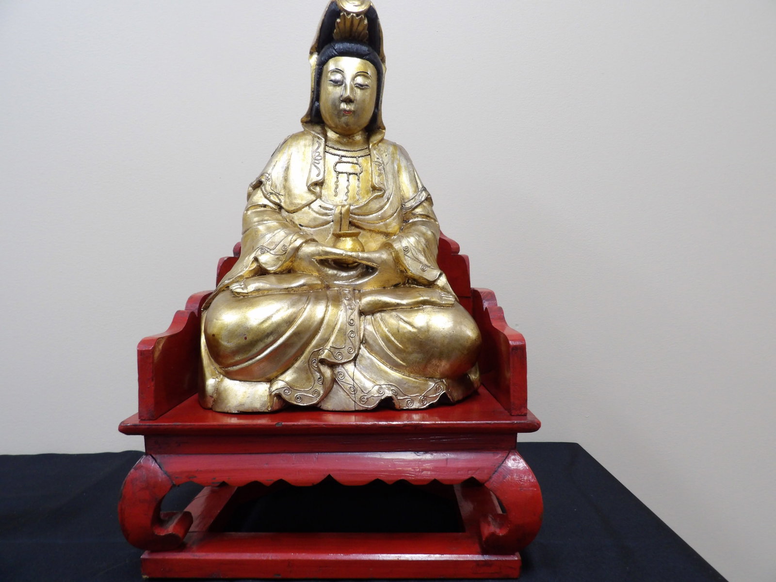 rare Chinese gold gilt carved wooden Kwan Yin sitting on red seat: 21 inches height. We will inhouse ship items to you very affordable and efficient. Select self-arrange shipping.