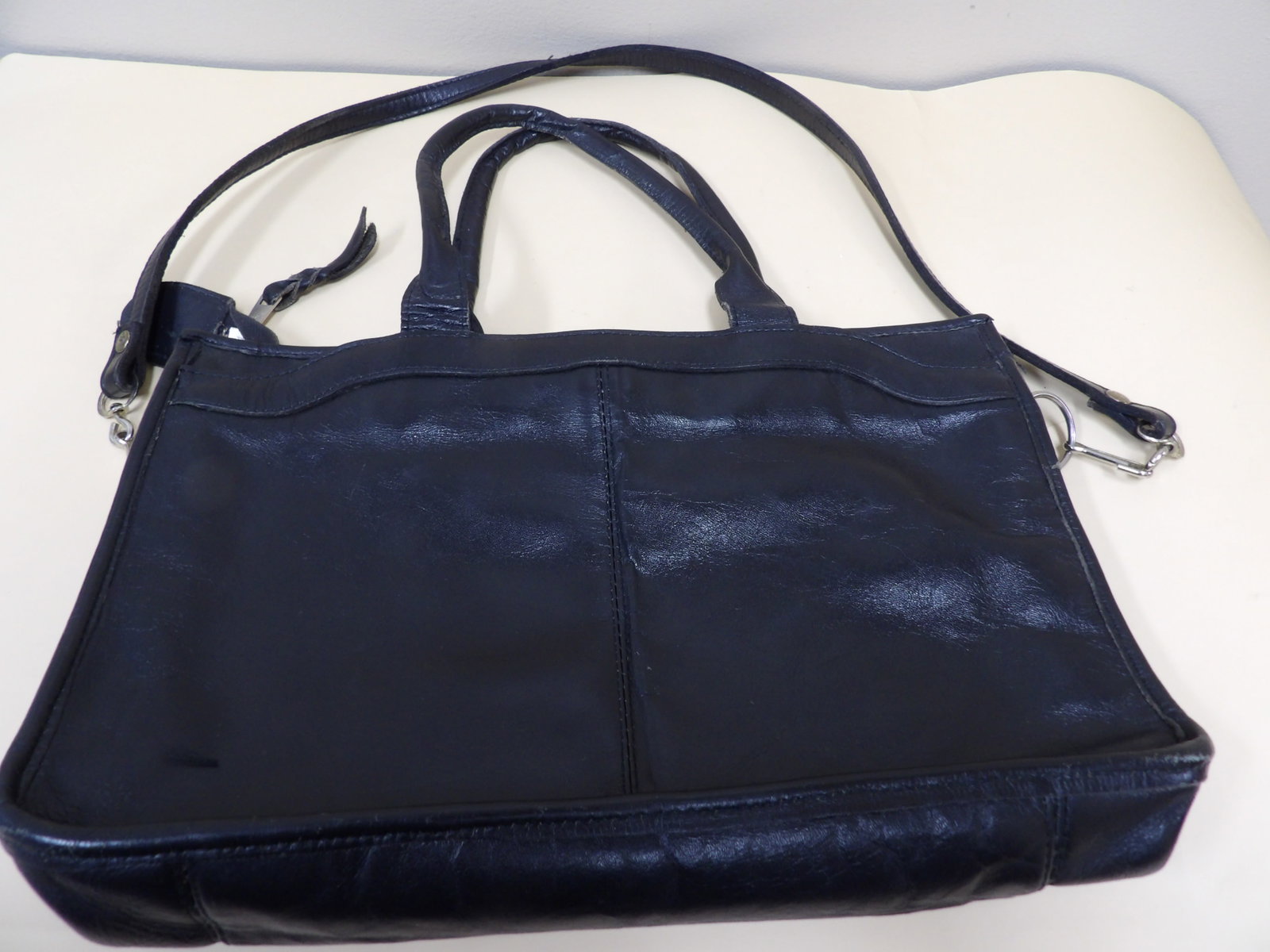 Normandie Korean black leather top handle bag with removable shoulder strap: Approx size is 12 x 7.5 x 3 inches.