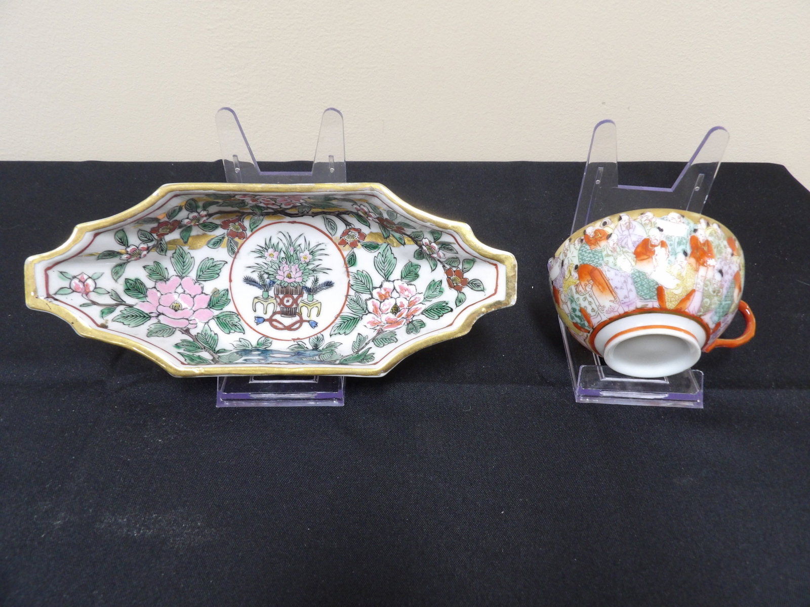 lot of 2 antique Japanese porcelain dish and cup: Dish is 8.3 inches length. We will inhouse ship items to you very affordable and efficient. Select self-arrange shipping.
