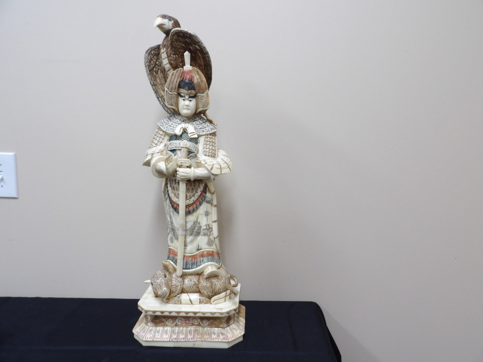 very rare large antique Asian bone carved warrior with eagle: 27.7 inches height. We will inhouse ship items to you very affordable and efficient. Select self-arrange shipping.