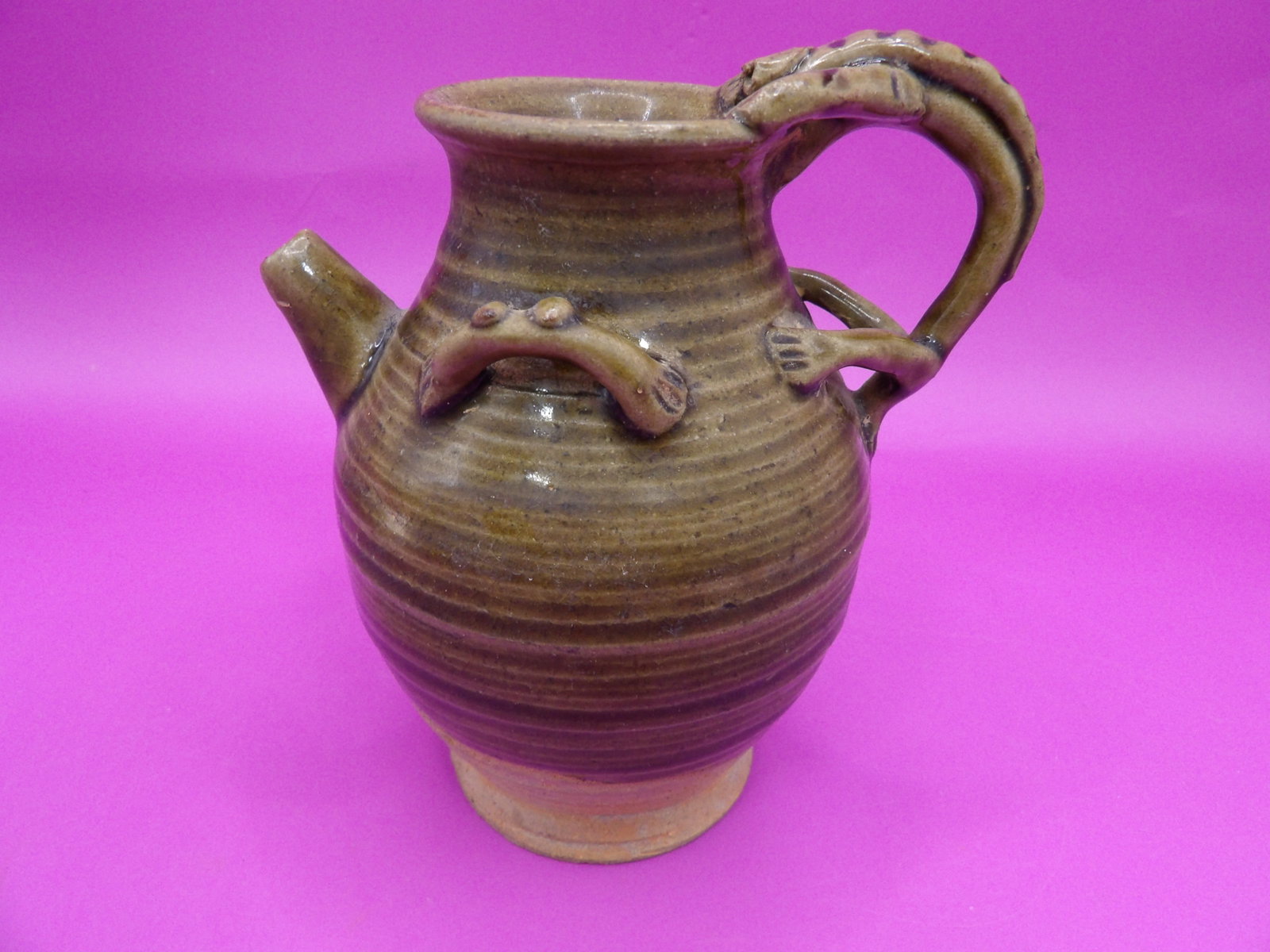 antique Chinese glazed pottery jug with Chilong handle: 4.6 inches height. We will inhouse ship items to you very affordable and efficient. Select self-arrange shipping.